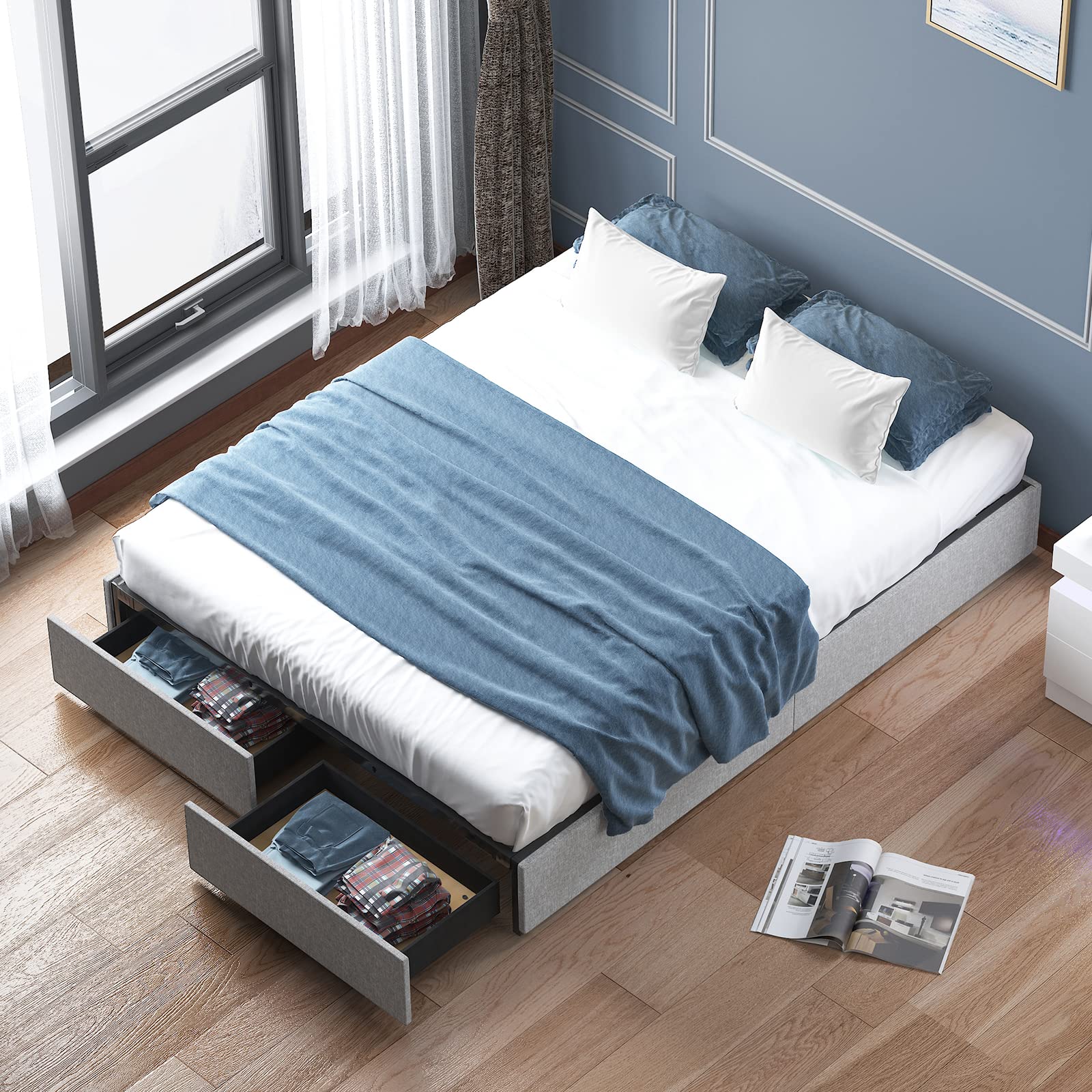 BALUS Queen Upholstered Platform Bed Frame with Storage Drawers - Heavy Duty Wood Slat Support, No Box Spring Needed, Noise Free & Easy Assembly, Light Grey - Perfect for Small Bedrooms & Guest Rooms with Extra Storage Space