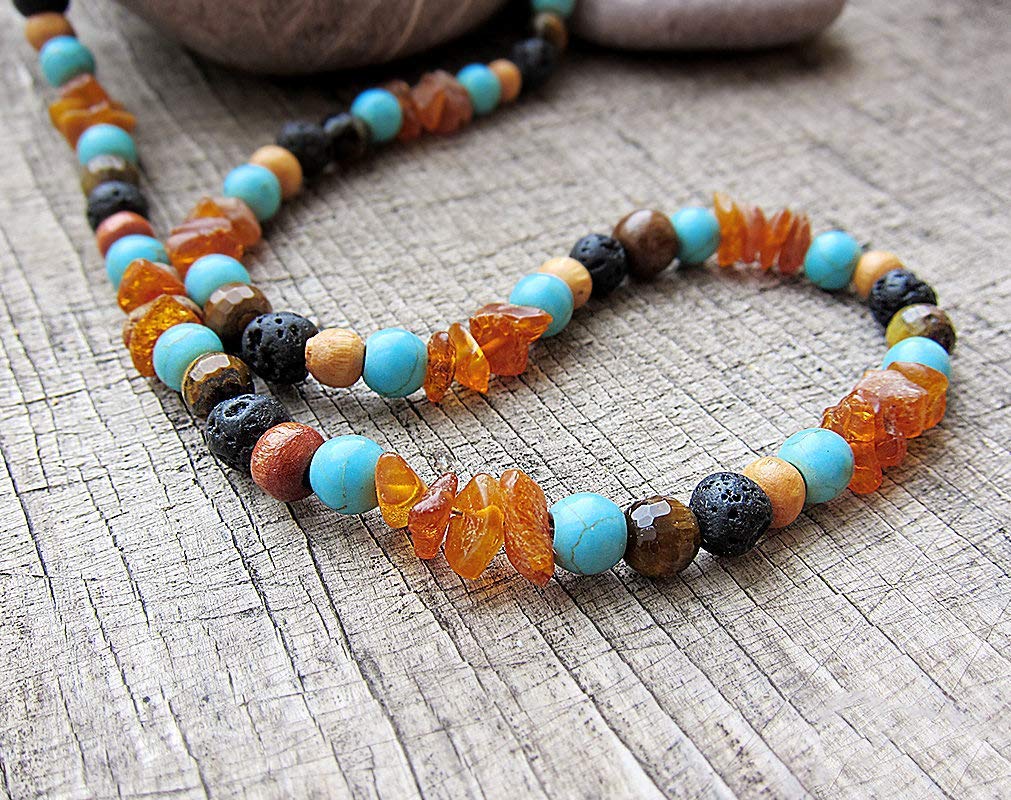 Surfer Choker Necklace for Men - 8mm Natural Baltic Amber Beaded Tribal Jewelry with Wood Accents | Perfect for Beach Parties, Music Festivals & Boho Style Outfits