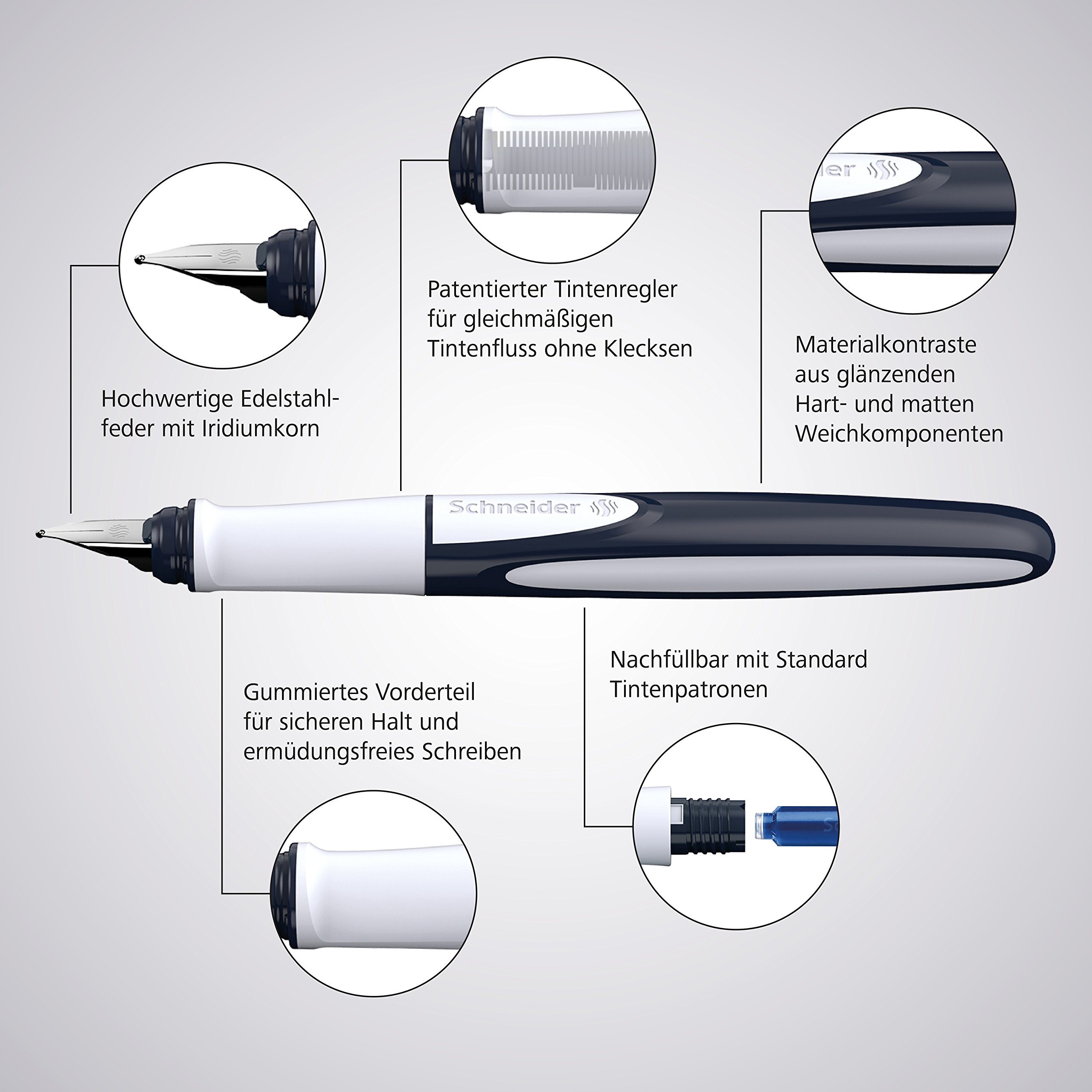 Schneider Ray Fountain Pen Medium Nib - Refillable Onyx Black Barrel with Royal Blue Erasable Ink Cartridge - Premium Writing Pen for Office, School & Journaling - Pack of 1 (168207)
