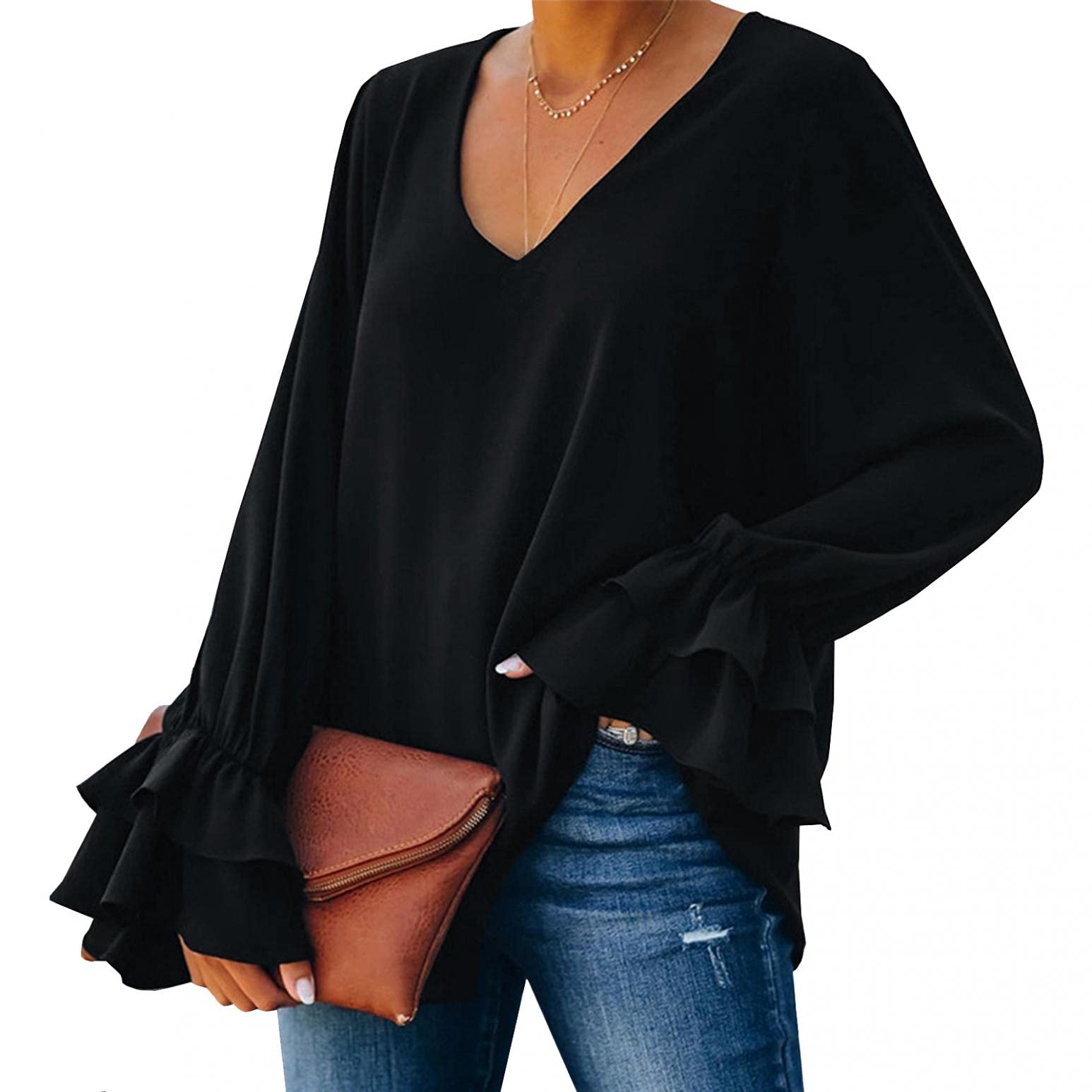 Women's Casual Long Sleeve Blouse with Bell Sleeves & Ruffles - Flowy Dot Print T-Shirt for Summer and Autumn - Perfect for Office Wear, Date Nights & Weekend Outfits