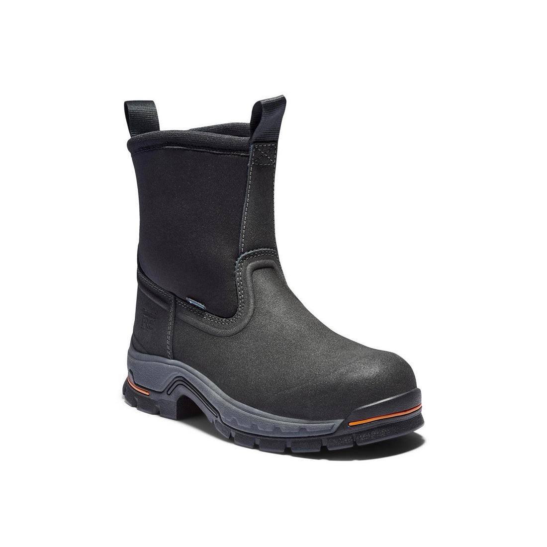 Stockdale Alloy Toe Waterproof Pull-On Work Boots for Men - Slip Resistant Black Safety Shoes for Construction, Warehouse & Outdoor Work