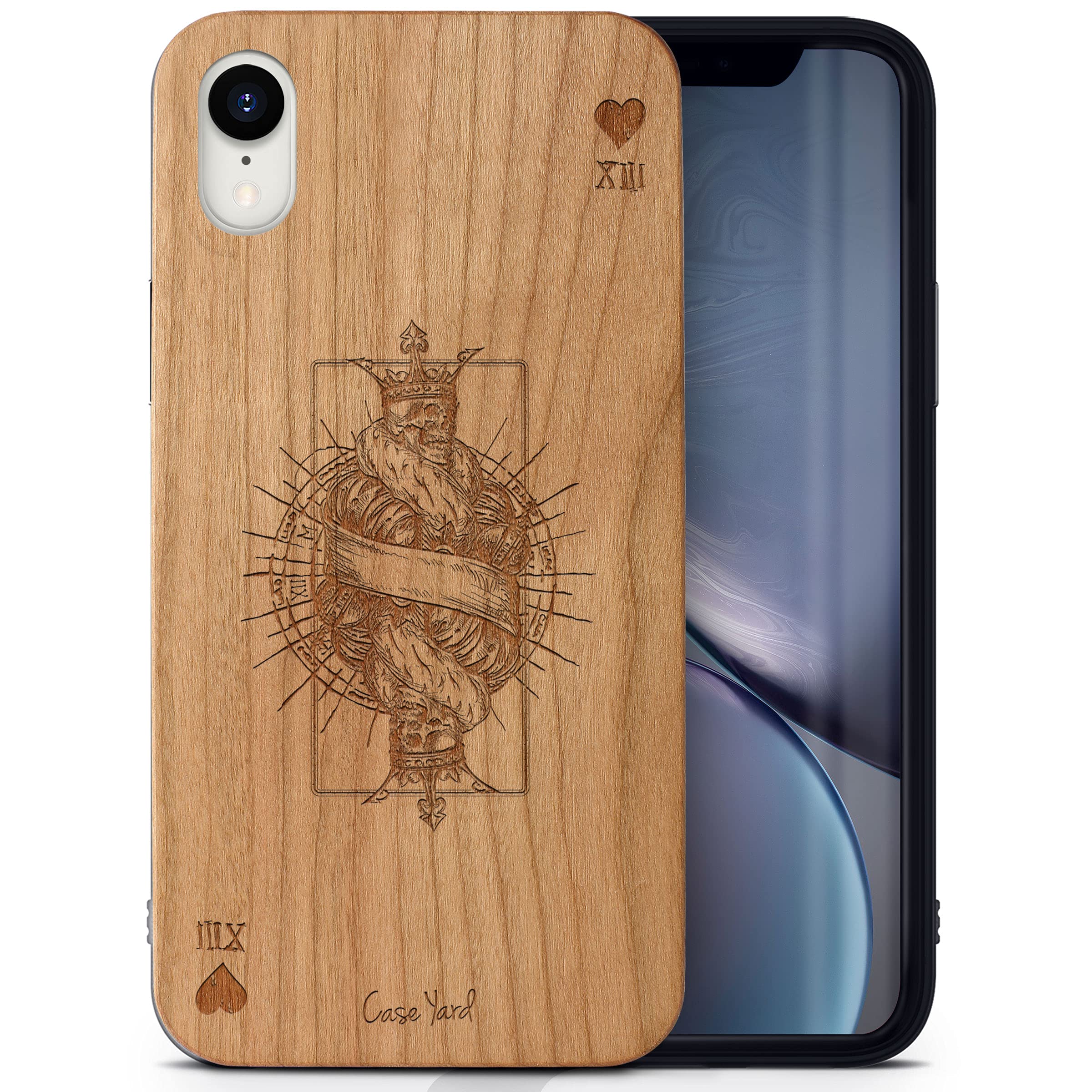 **CaseYard Premium Cherry Wood Phone Case for iPhone XR - Laser Engraved King of Hearts Design, Slim Fit, Shockproof & Protective Cover for Men & Women - Perfect for Everyday Use, Travel & Gifts**