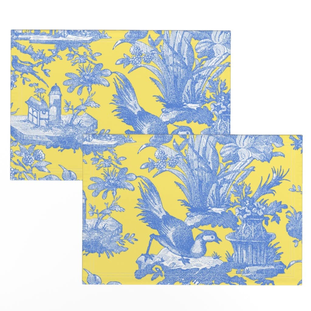Linen Cotton Canvas Placemats Set of 2 - Chinoiserie Toile Lemon Yellow Asian Print Table Mats for Dining Room Decor, Kitchen Table Setting, and Party Tableware