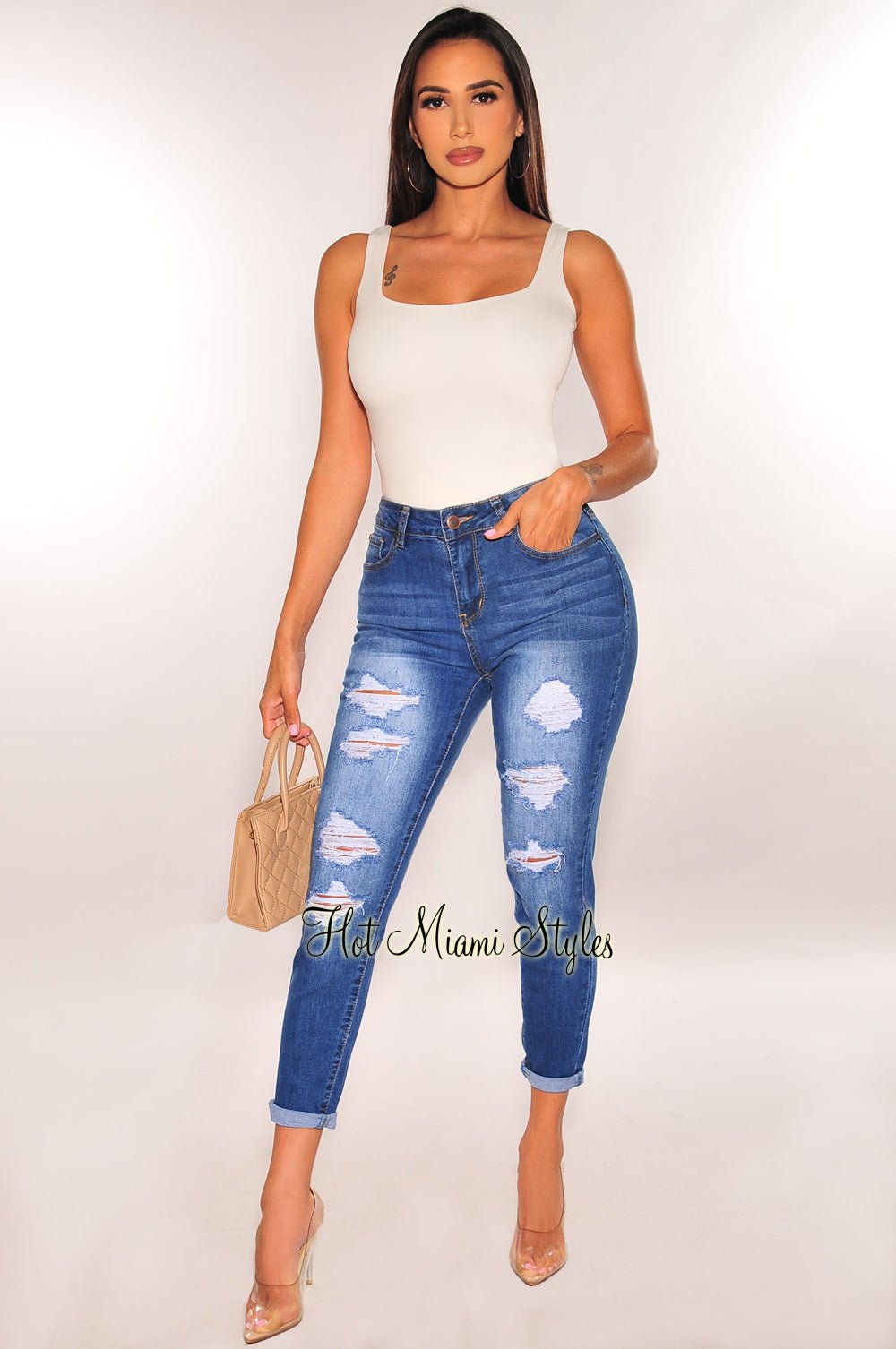 Blue Denim Wash High Waisted Ripped Skinny Jeans for Women - Trendy Distressed Denim Pants with Stretch Comfort - Perfect for Casual Outfits, Date Nights & Street Style Fashion