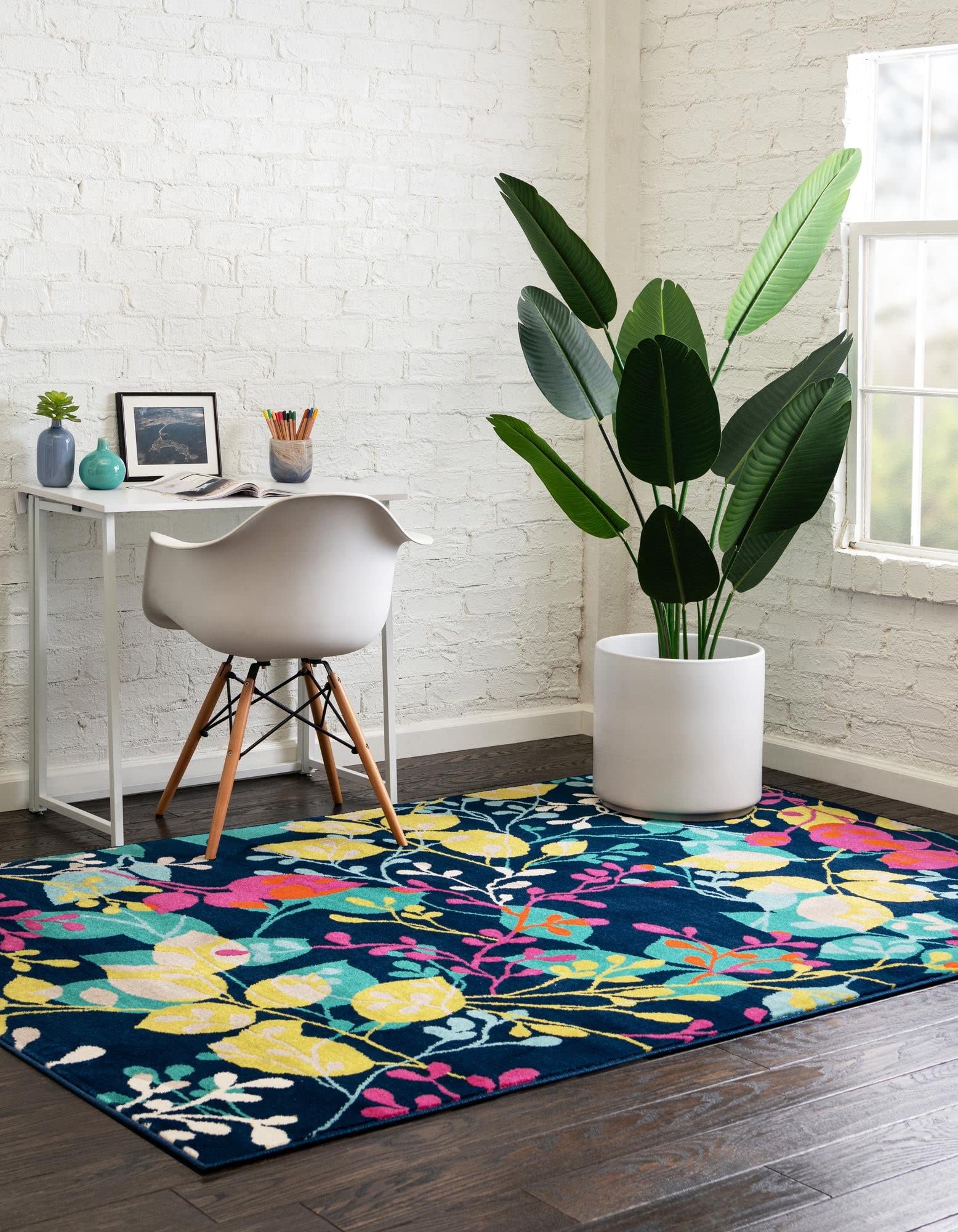Unique Loom Azalea Collection Area Rug - Indica (10'x14' Rectangle, Navy Blue/Ivory) - Soft Non-Slip Living Room Rug for Bedroom, Dining Room & Home Decor
