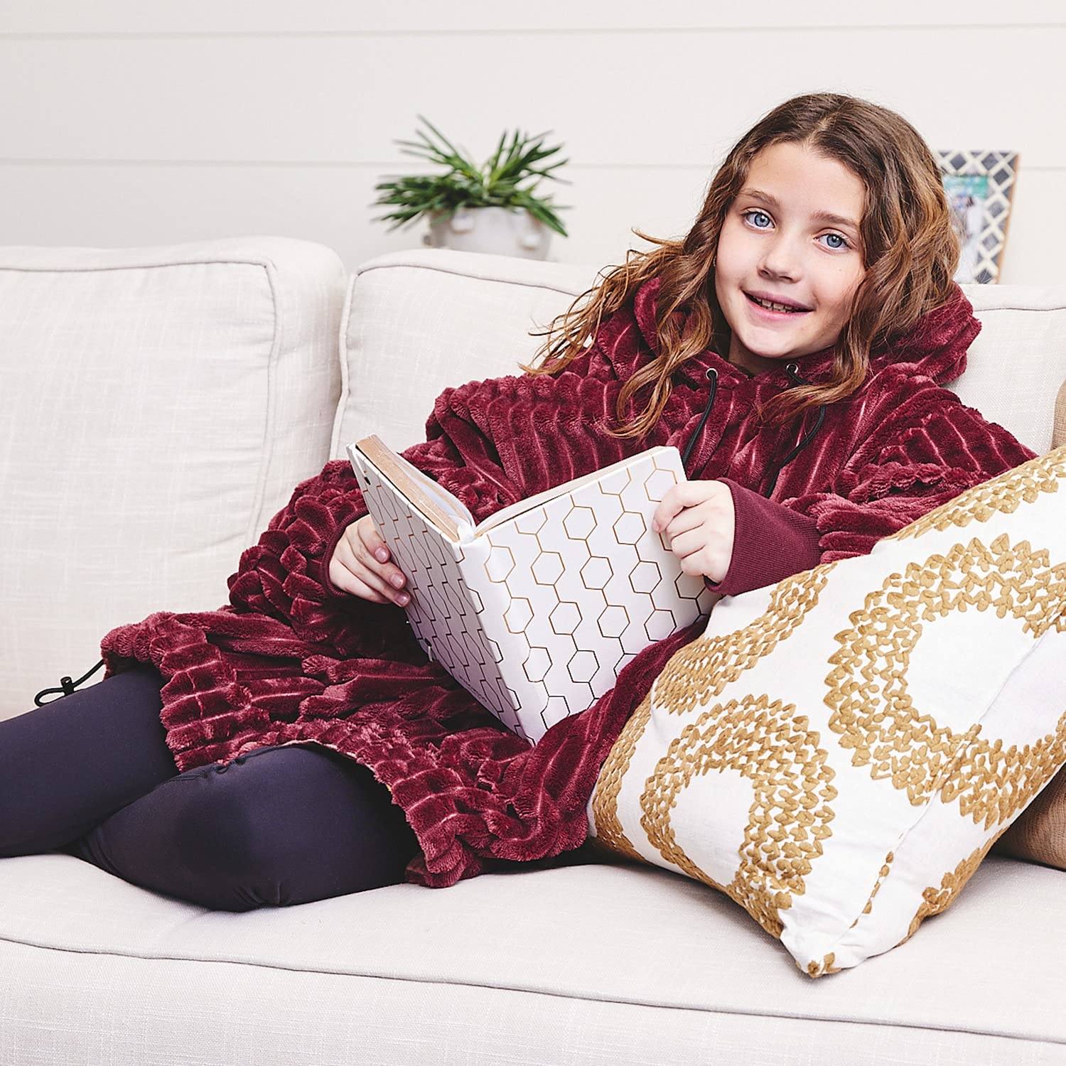 Nestl Kids Wearable Blanket Hoodie - Reversible Plush Microfiber Oversized Hooded Sweatshirt Blanket for Boys & Girls (Burgundy/Rainbow) | Warm Cozy Fleece Lounge Wear for Sleepovers, Movie Nights & Winter Comfort