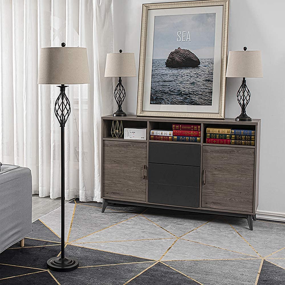 Maxax 3-Piece Farmhouse Lamp Set - Black Table & Floor Lamps with Oatmeal Fabric Shades, 3-Way Dimmable Lighting for Living Room, Bedroom & Dining Room | ETL Certified | Perfect for Cozy Evenings & Home Decor