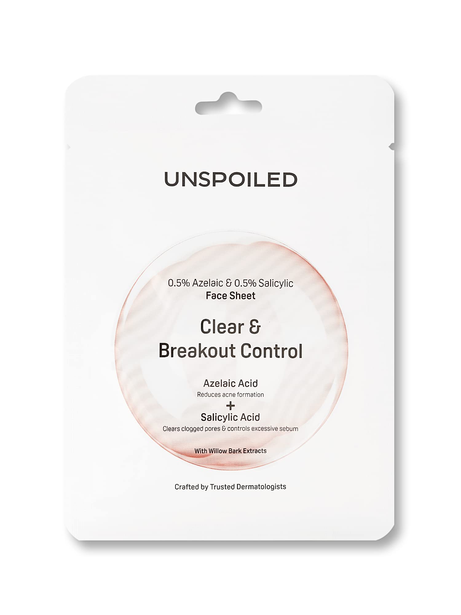 UNSPOILED 0.5% Azelaic Acid + 0.5% Salicylic Acid Acne Treatment Face Mask with Willow Bark Extract | Reduces Breakouts, Brightens Skin & Controls Oil | For Oily & Acne-Prone Skin | Daily Skincare Routine (1 Pack)