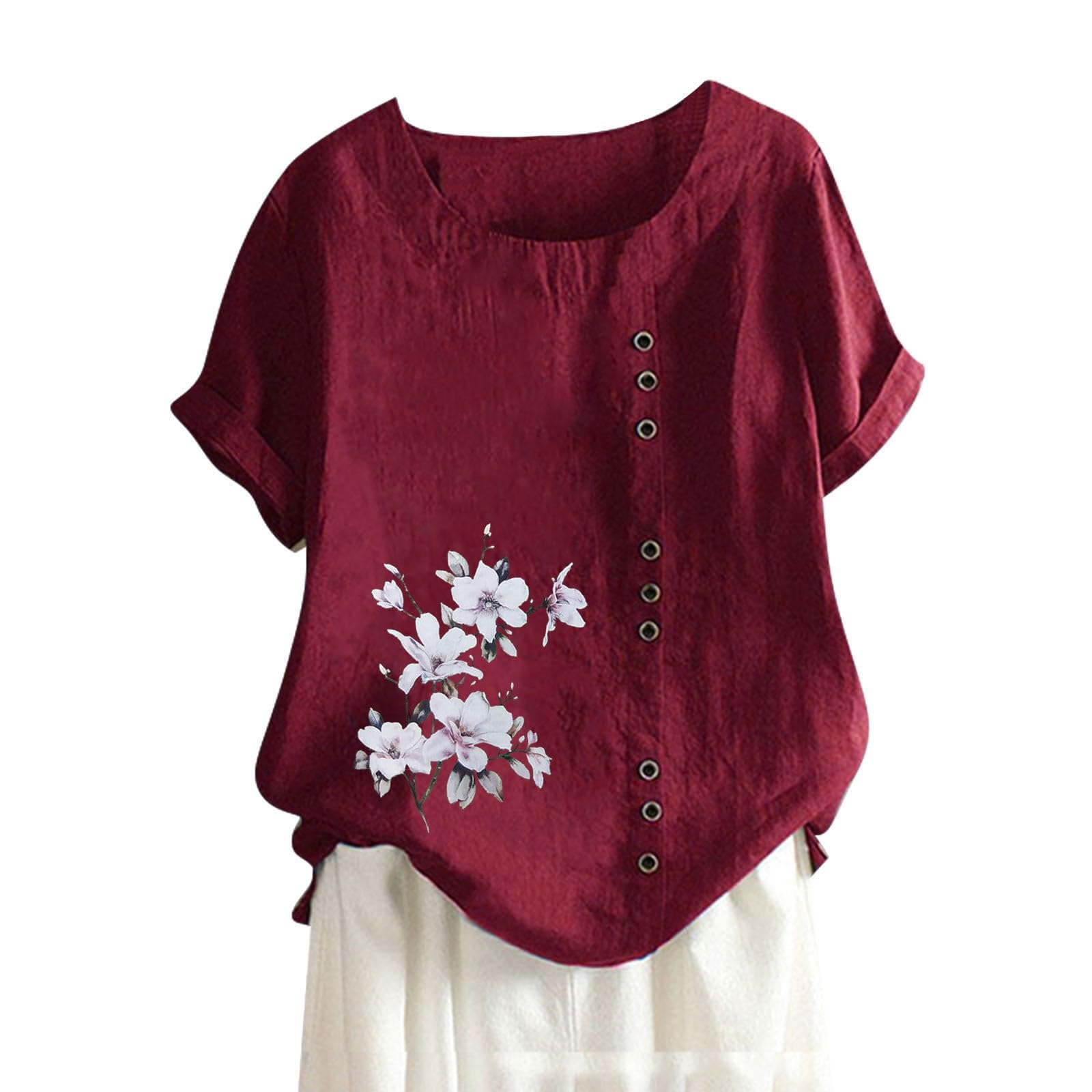 Women's Floral Printed Cotton Linen Short Sleeve Tops - Summer Casual Tunic, Comfortable Loose Fit T-Shirts for Women | Perfect for Beach Outings, Vacation Wear & Everyday Summer Fashion