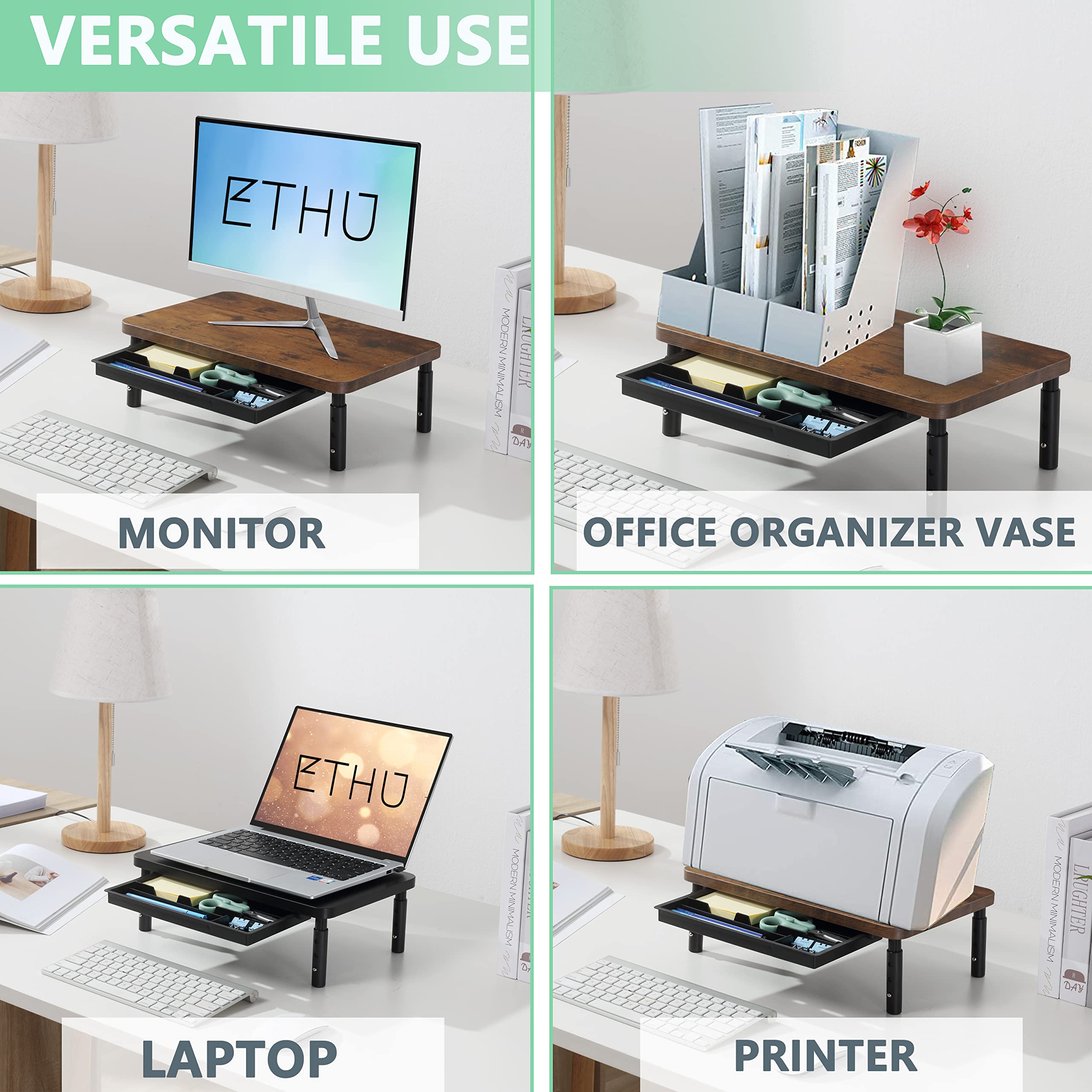Adjustable Wood Monitor Stand Riser with Storage Drawer - 3 Height Settings for Computer, Laptop, Printer & iMac - Ergonomic Desk Organizer for Home & Office Workspace (Perfect for Dual Monitors, Gaming Setup & Workspace Organization)