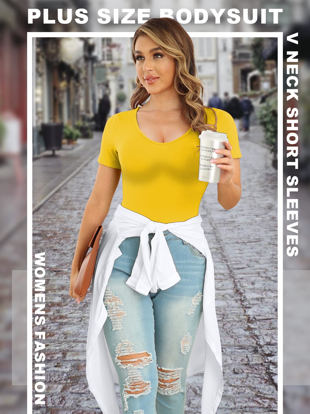 POSESHE Women's Plus Size V-Neck Short Sleeve Bodysuit - Casual Basic T-Shirt Style Jumpsuit for Everyday Wear, Layering & Office Outfits