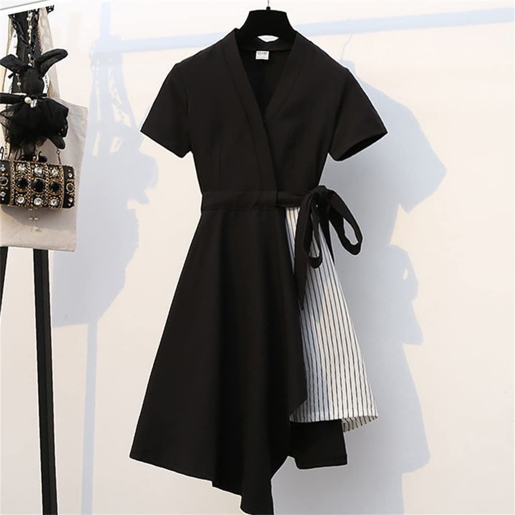 Premium Korean V-Neck Empire Waist Black Summer Dress for Women - Flattering Short Sleeve Solid Color Tunic Top (3X-Large) | Perfect for Casual Outings, Beach Vacations & Office Wear