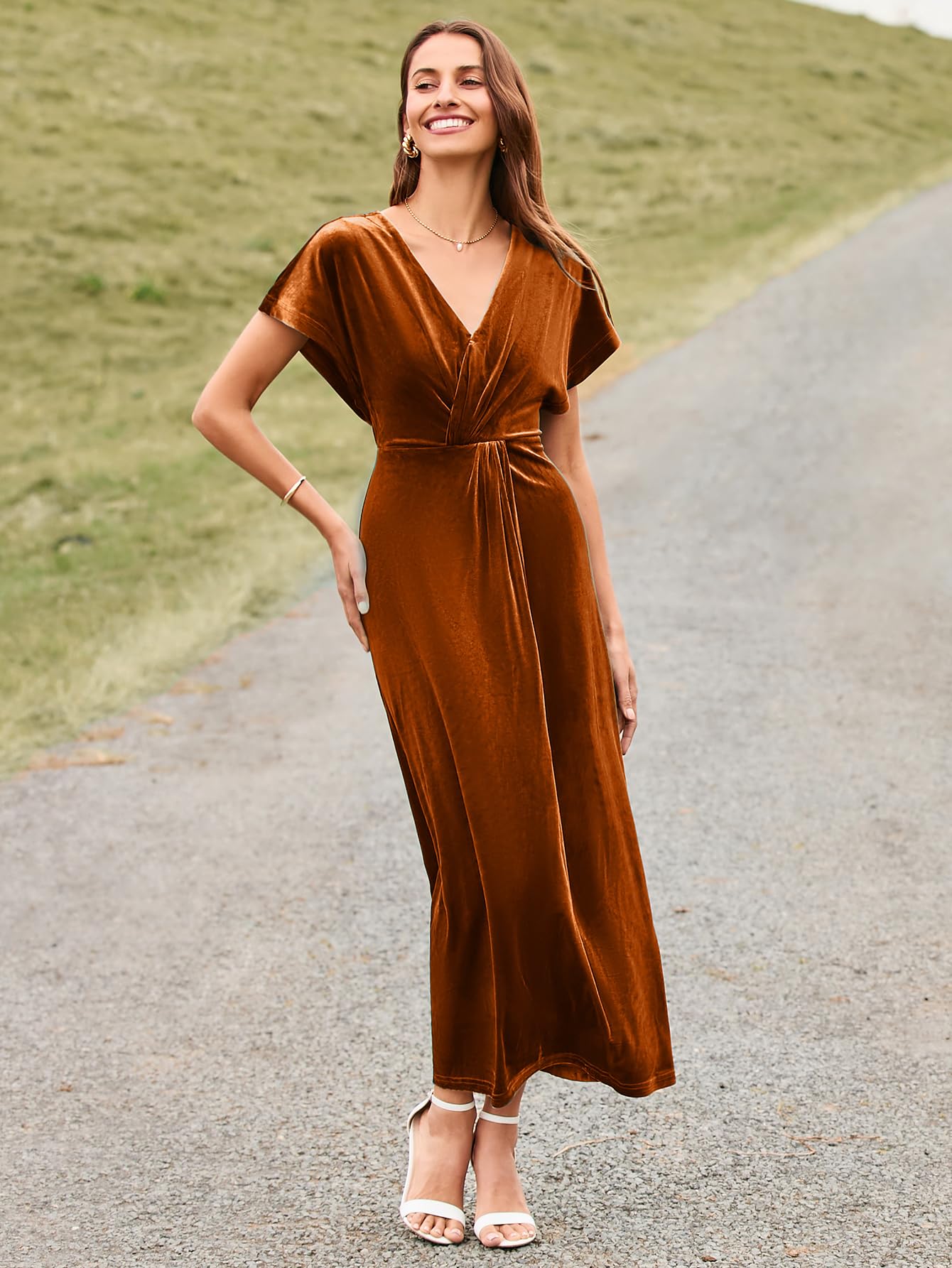 Simplee Women's Velvet Maxi Dress - Short Sleeve V-Neck Formal Gown for Wedding Guest, Prom, Cocktail Party & Special Occasions | Elegant Bodycon Long Dress with Twiss Front Detail for Fall & Winter Events