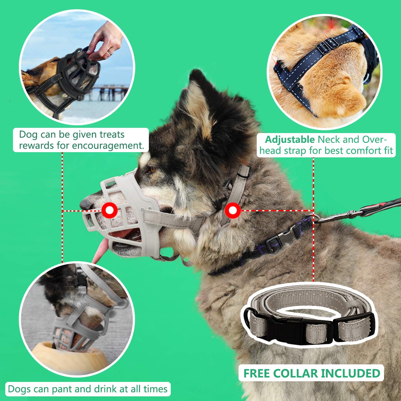 BARKLESS Soft Silicone Basket Dog Muzzle - Breathable & Drinkable Anti-Biting Chewing Barking Control for Small Medium Large Dogs - Includes Adjustable Collar & Training Guide - Perfect for Grooming, Vet Visits, and Public Outings