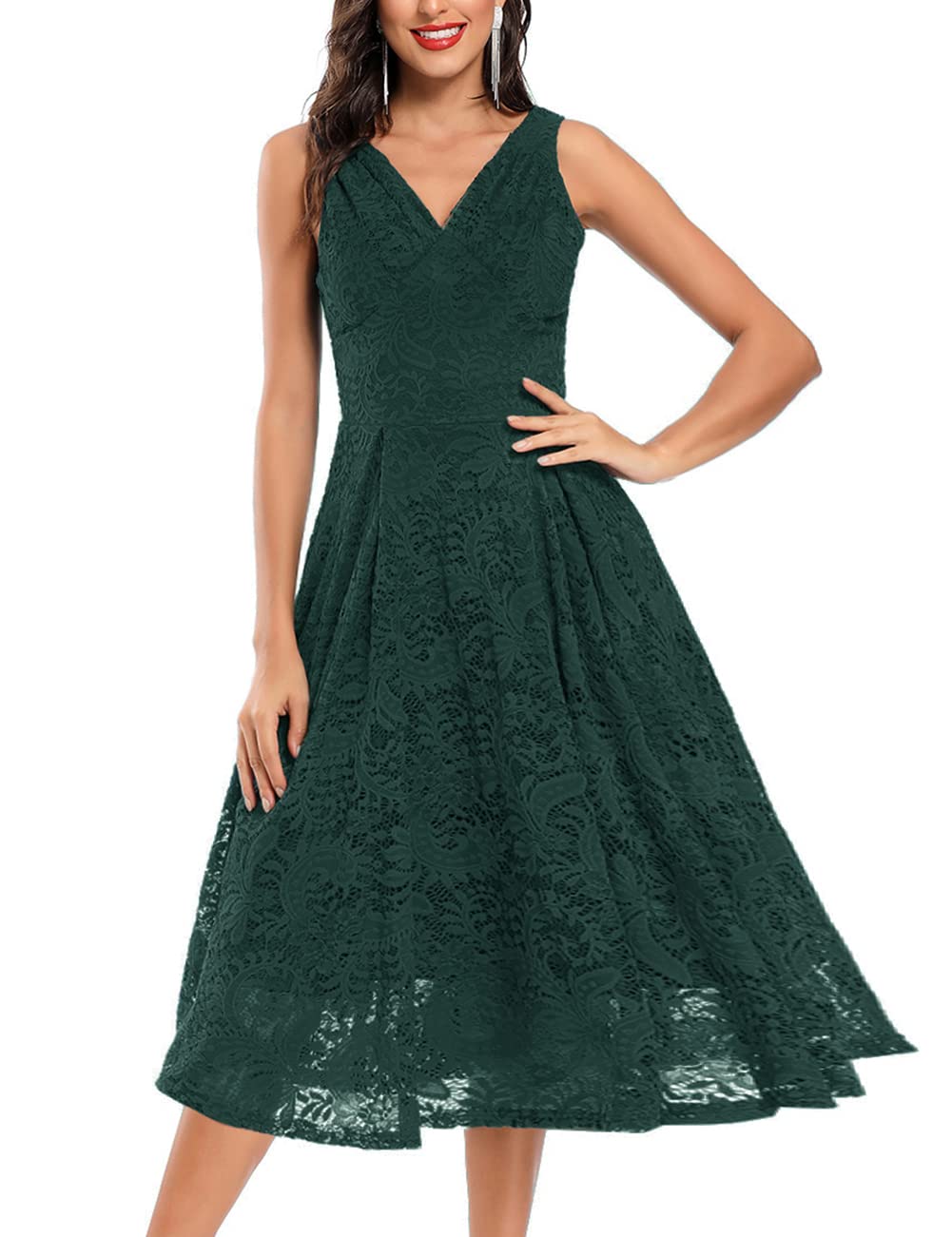 Pasgreson Women's Vintage Floral Lace Cocktail Party Dress - Fit and Flare Prom Dress, Midi Length for Evening Events, Weddings & Special Occasions