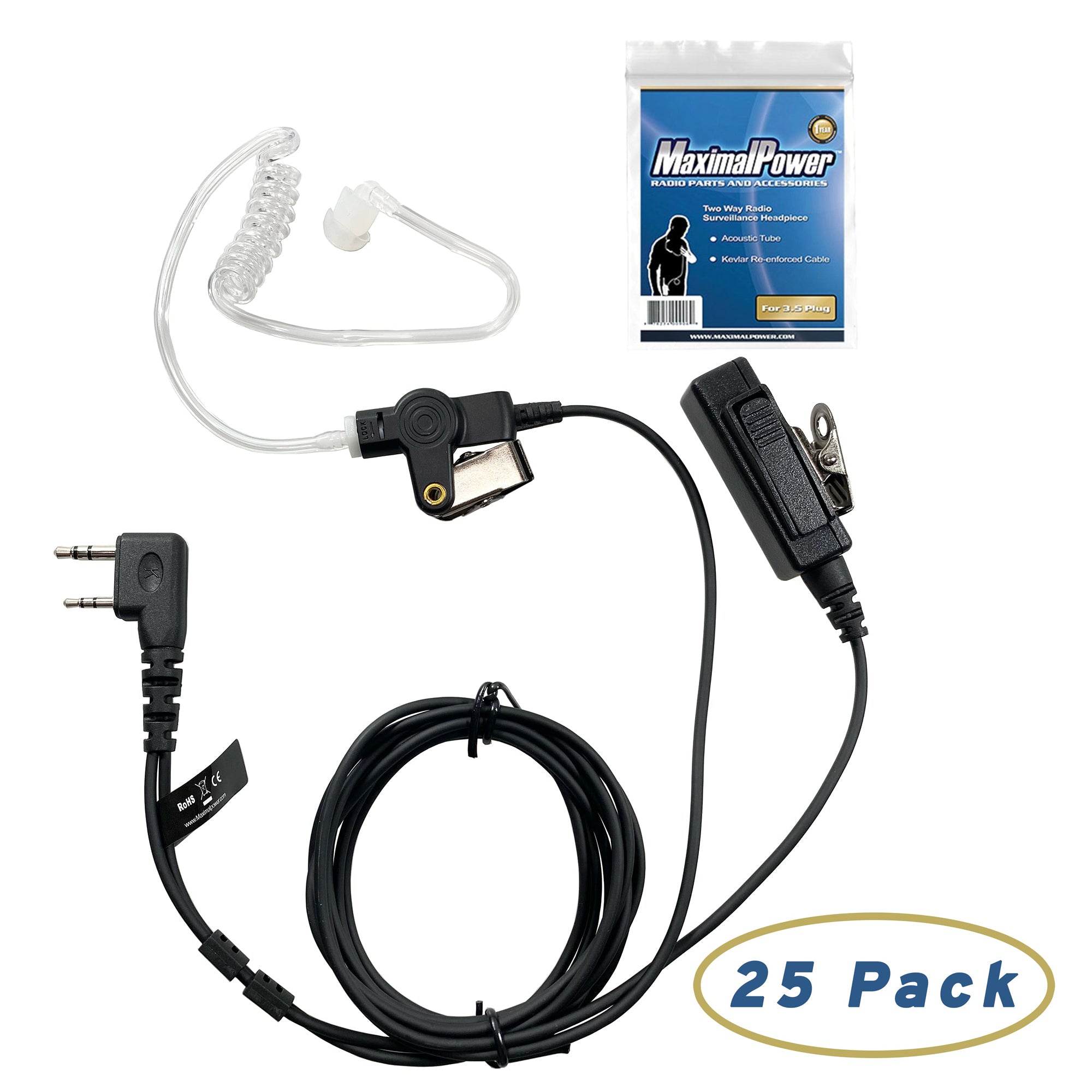 25-Piece KEVLAR Reinforced Covert Earbud Mic Coil Cord for Kenwood 2-Way Radios - 1 Wire 2 Pins Plug - Durable Communication Headset for Security, Construction & Outdoor Activities