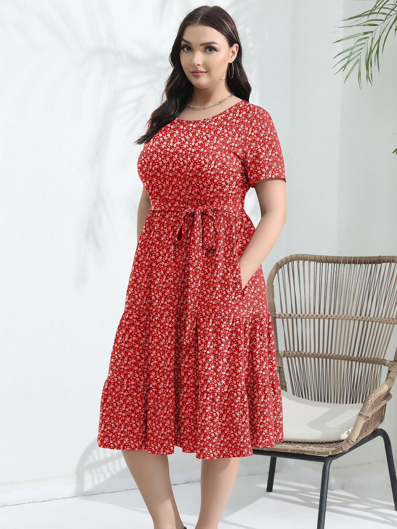 Elegant Plus Size Floral Midi Dress for Women 2025 - Tiered Flowy Modest Wedding Guest Dress with Belt & Pockets | Perfect for Bridal Showers, Garden Parties & Formal Events