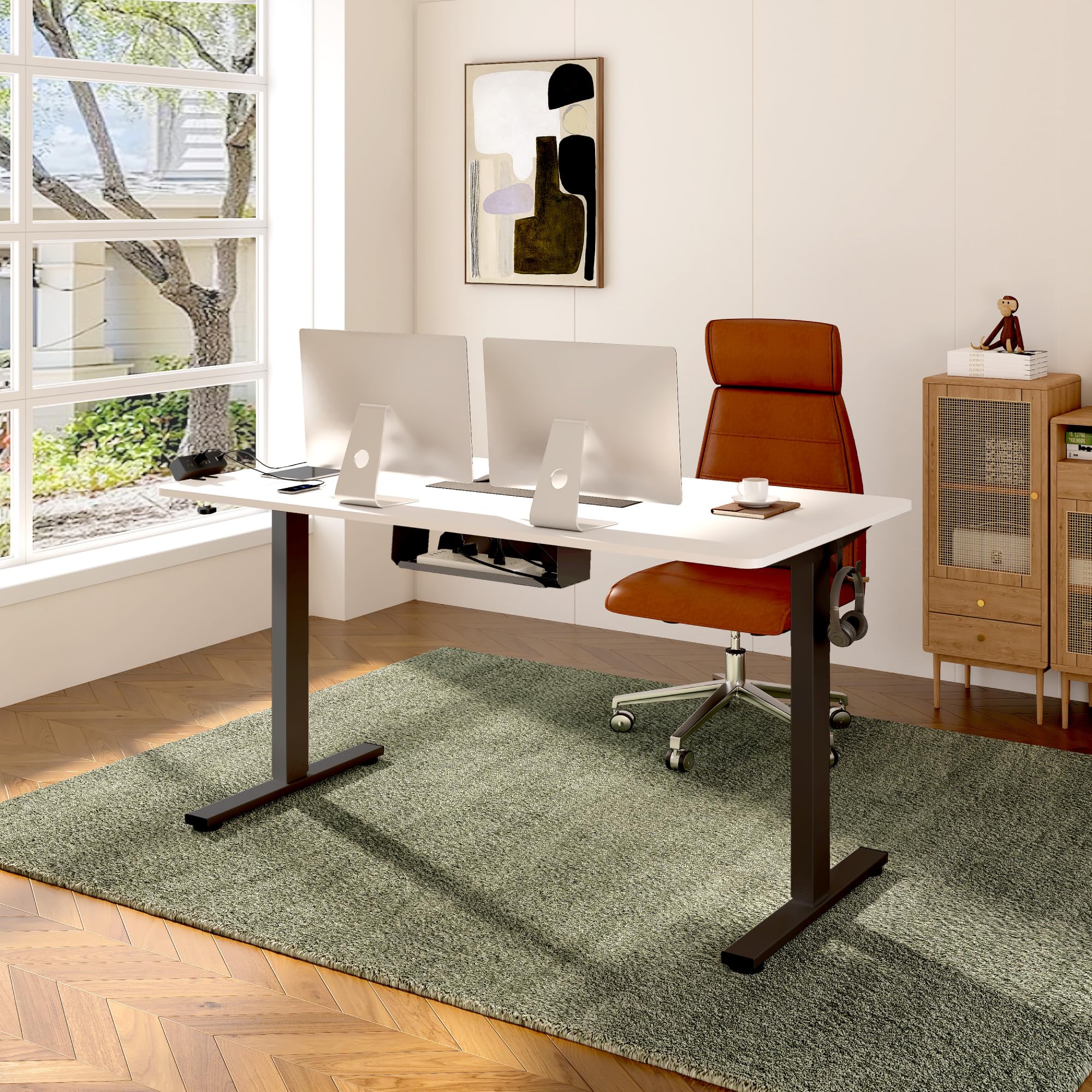 **FLEXISPOT EN2 Electric Standing Desk 55 x 28 Inches - Height Adjustable, Whole-Piece Design with Clamp Power Strip & Cable Management (Black Frame, White Top) - Perfect for Home Office, Gaming & Workspace**