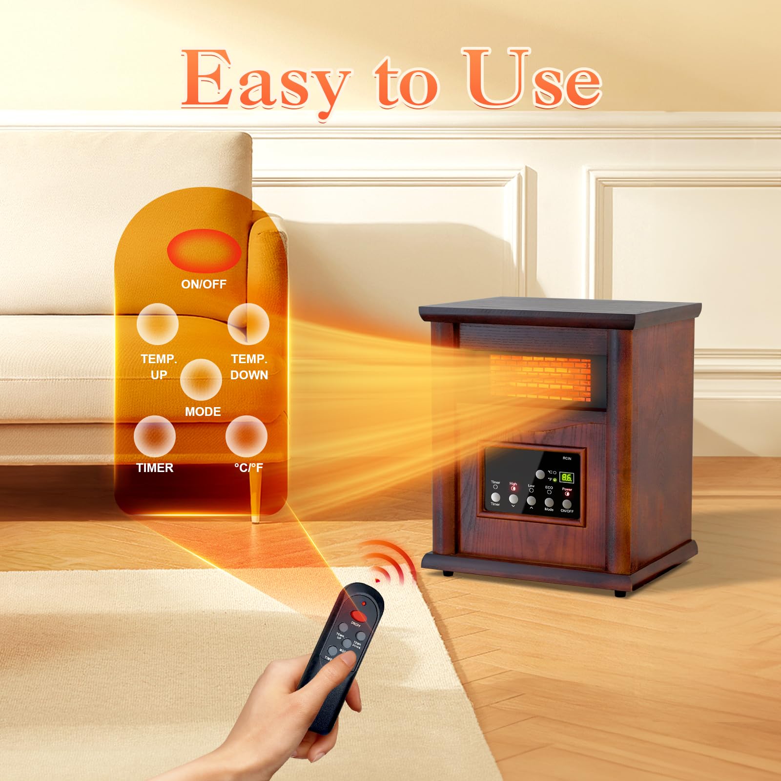Lifeplus 1500W Electric Infrared Space Heater with Remote Control - 3 Heat Settings & 12H Timer, Overheat & Tip-Over Protection - Fast Heating for Large Rooms, Basements, Offices & Bedrooms - Energy Efficient Indoor Quartz Heater for Winter & Cold Weather Use