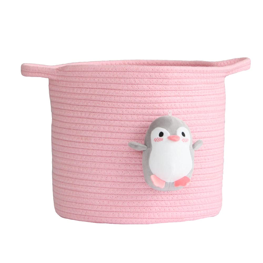 Cute Pink Cotton Rope Storage Basket - Cartoon Design Toy Organizer & Home Decor Knit Bin for Kids Room, Bathroom, Nursery - Perfect for Storing Toys, Laundry & Household Items