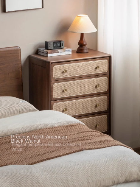 Solid Oak & Black Walnut Wood Cabinet with Rattan Doors - Modern Storage Organizer for Living Room, Bedroom, or Entryway