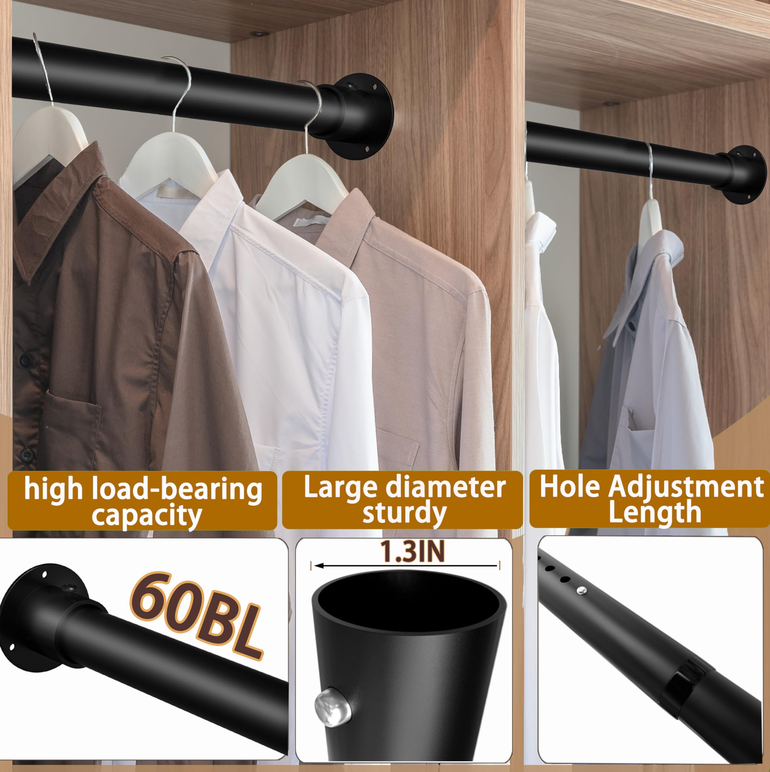 Adjustable Heavy Duty Metal Closet Rod - 17 to 51 Inches, 1.3 Inch Diameter Black Closet Hanging Bar for Wardrobes, Closets & Bathrooms | Perfect for Organizing Clothes, Curtains & Home Storage