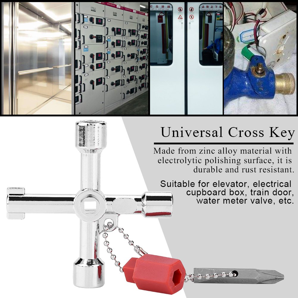 4 in 1 Universal Multi-Tool Key - Zinc Alloy Cross Key for Plumbers & Electricians - Works on Electrical Boxes, Water Meters, Train Doors & More - Essential Utility Tool for Home Repairs & Emergency Use