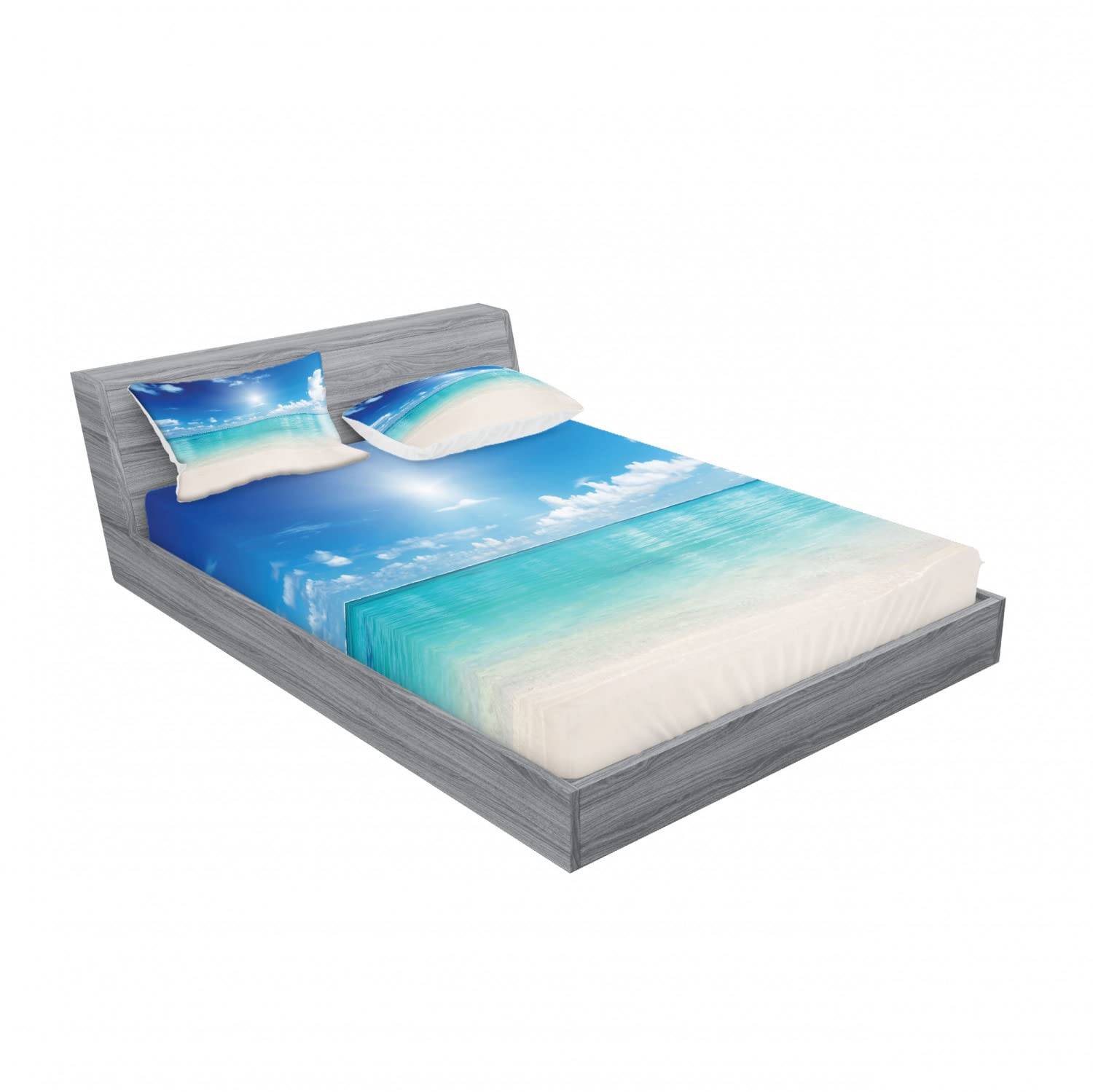 Ambesonne 2-Pack Full Size Fitted Sheet & Pillow Sham Set - Sky & Tropical Sea Ocean Theme 4-Piece Bedding Decor (2 Fitted Sheets + 4 Pillow Covers) in Cream Turquoise White | Coastal & Beach House Decor for Master Bedroom, Guest Room & Vacation Homes