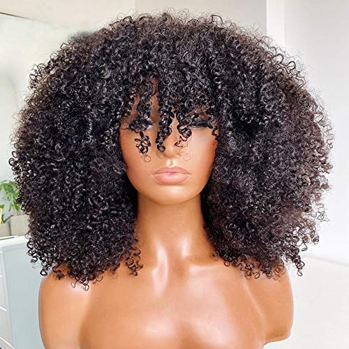 Afro Kinky Curly Human Hair Wig with Bangs - 200% Density Virgin Brazilian Hair Short Curly Wig (20 Inch) - Machine Made Scalp Top for Natural Look | Perfect for Cosplay, Daily Wear & Protective Hairstyles