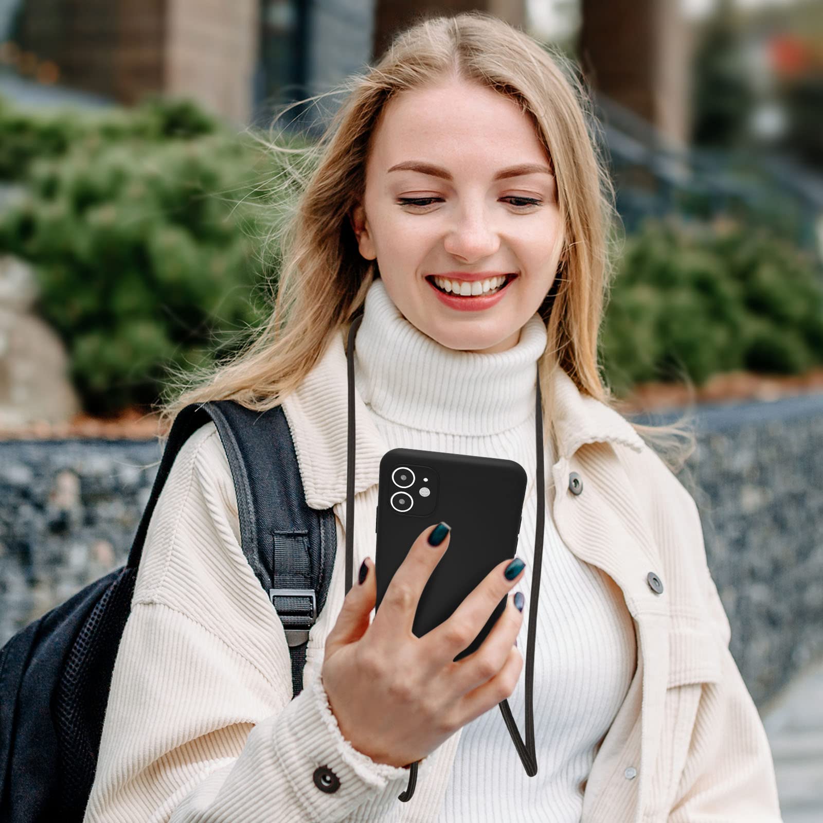 UEEBAI Adjustable Crossbody Lanyard Phone Case for iPhone 16 - Soft Silicone Cover with Neck Strap, Belt Cord & Secure Holder - Stylish Women's Accessory for Travel, Shopping & Everyday Use - Black