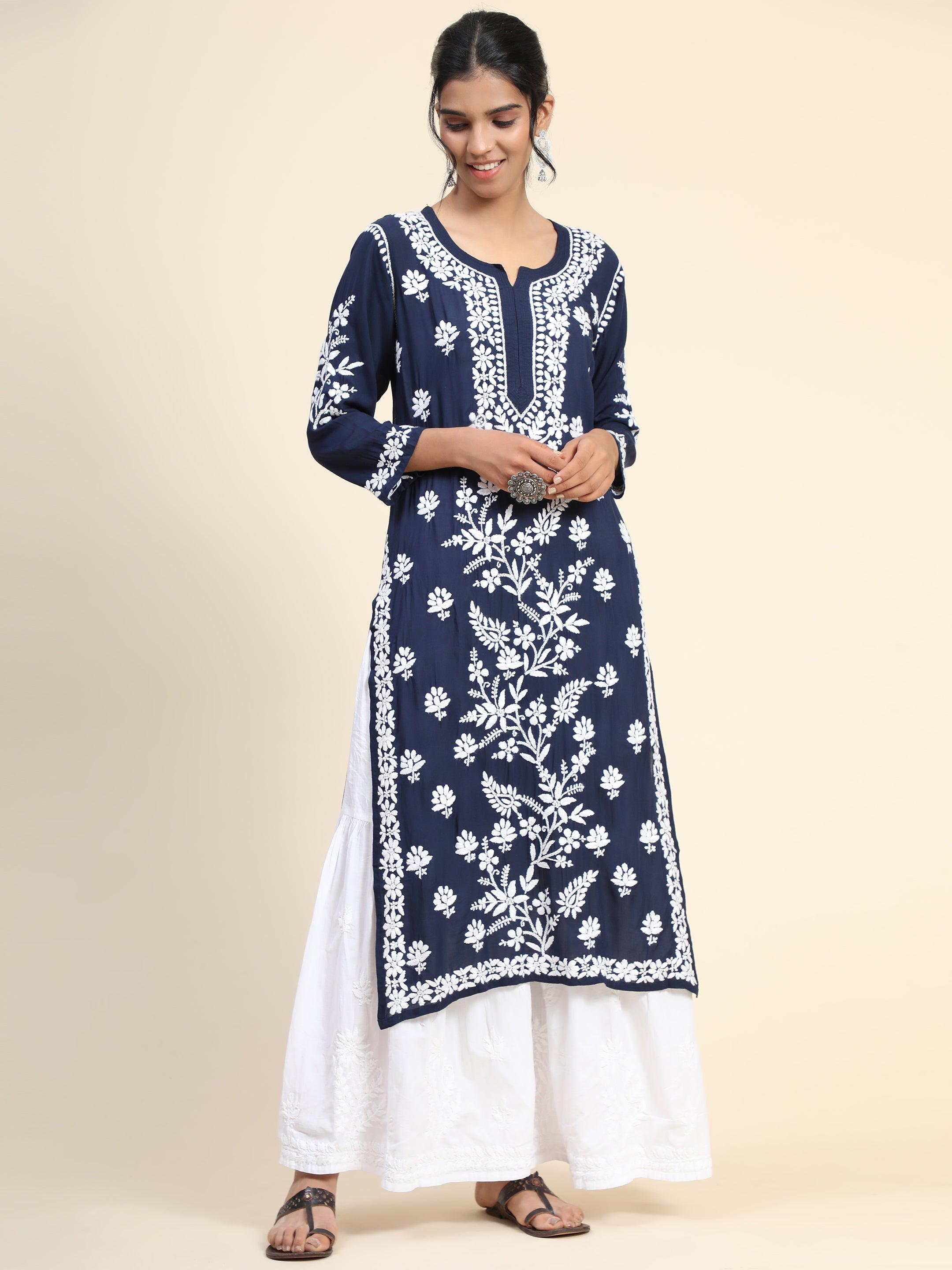 Premium Hand Embroidered Chikankari Kurta - Soft Modal Cotton Blue Tunic - Perfect for Festivals, Weddings & Casual Wear