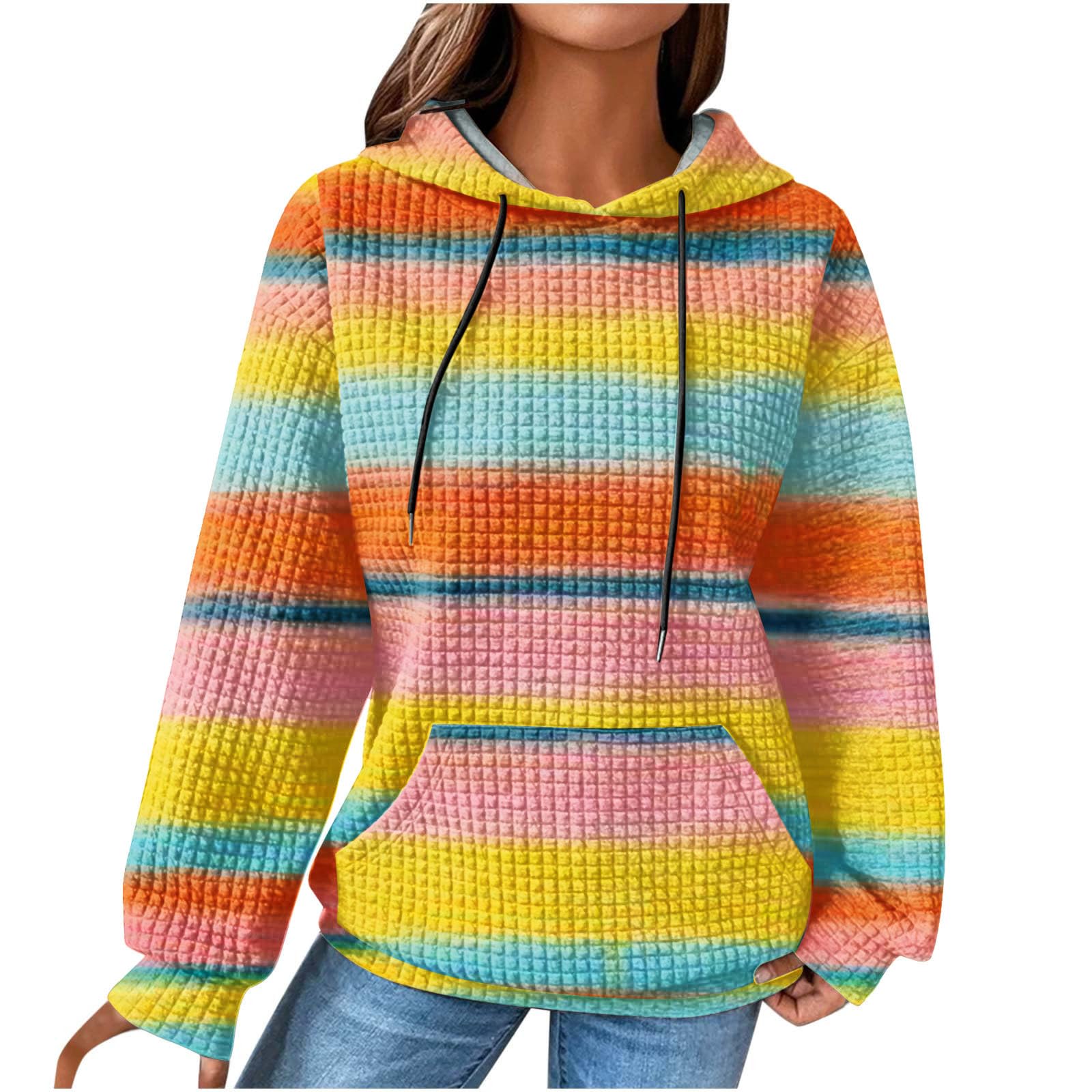 Women's Color Block Hoodie - Long Sleeve Round Neck Pullover Sweatshirt with Drawstring | Loose Fit Waffle Knit Fashion Top | Fall Winter 2023 Trendy Casual Wear for Outdoors, Travel & Street Style