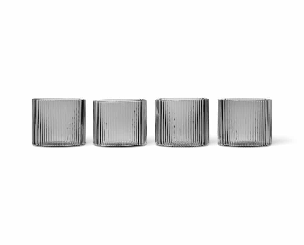 FERM LIVING Ripple Low Glasses Set of 4 - Smoked Grey Modern Drinking Glasses for Water, Juice & Cocktails - Perfect for Home Bar, Dinner Parties & Everyday Use