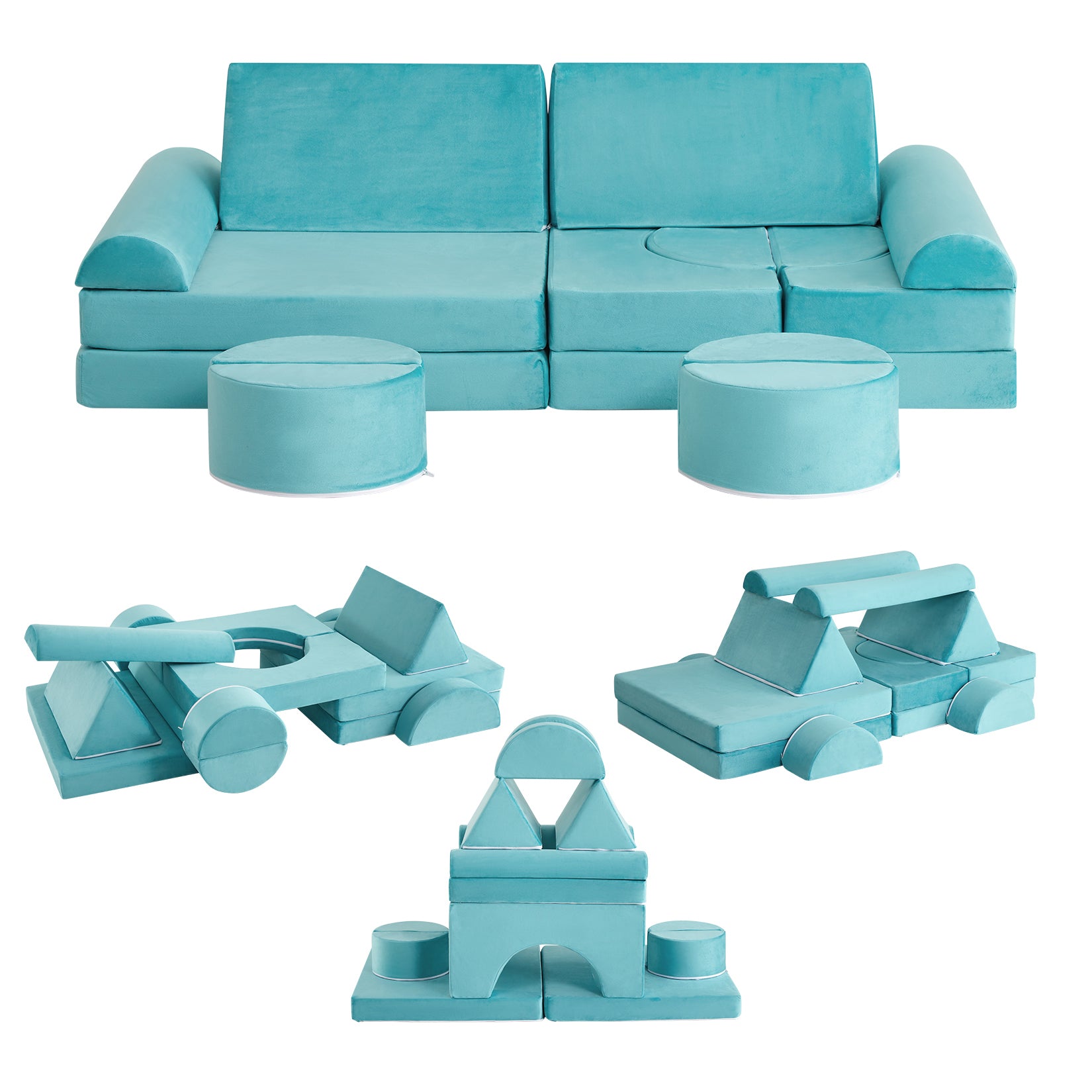 GARVEE 15Pcs Modular Kids Play Couch - Convertible Foam Sofa for Toddlers & Children | Creative Playroom Furniture for Boys & Girls in Teal | Perfect for Indoor Play, Reading Nook & Imaginative Playtime