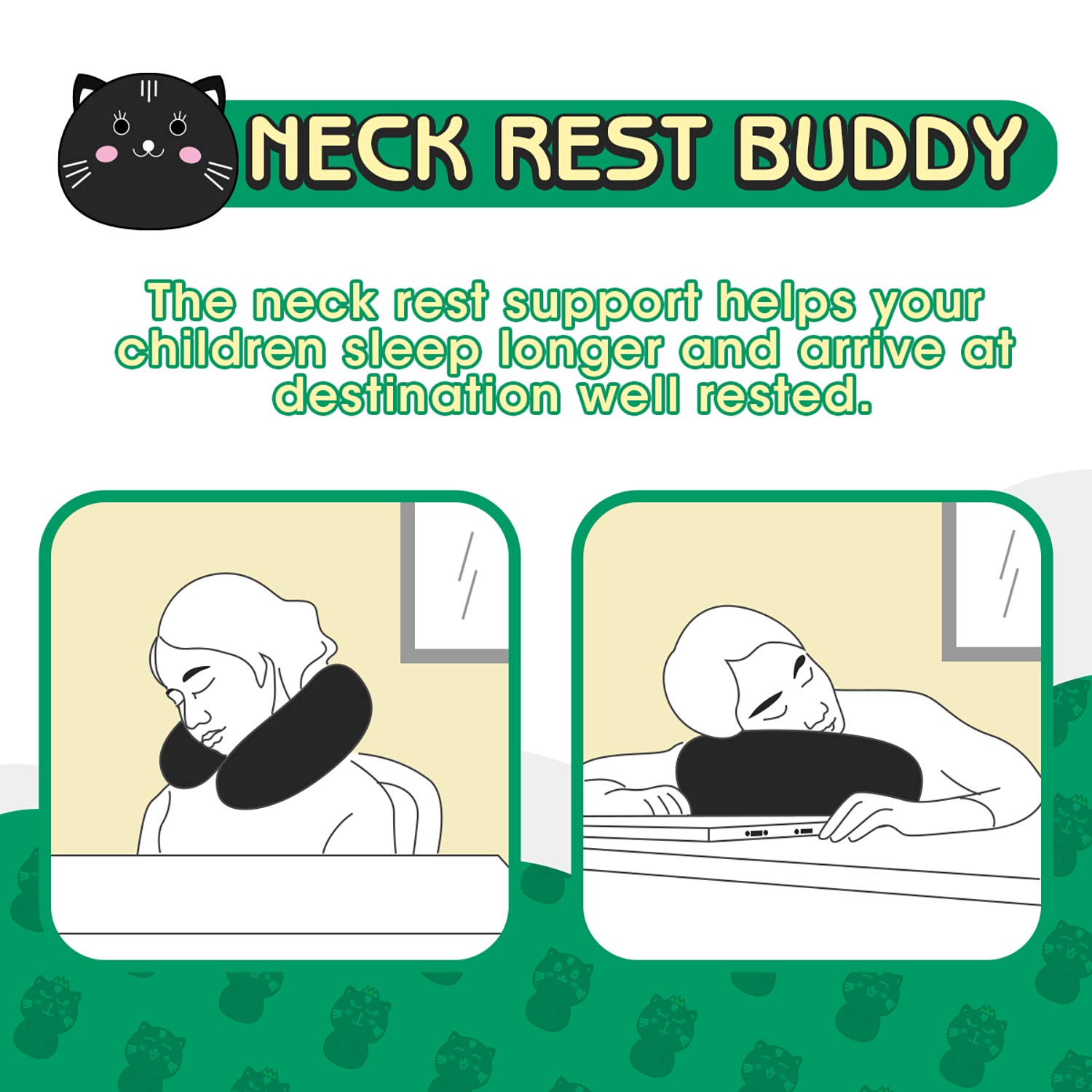 HOMEWINS Kids Travel Pillow - Cute Black Cat Neck Pillow for Boys & Girls | Soft Support for Head, Neck & Chin | Perfect for Airplane, Car & Train Travel | Ideal for Long Trips & Nap Time