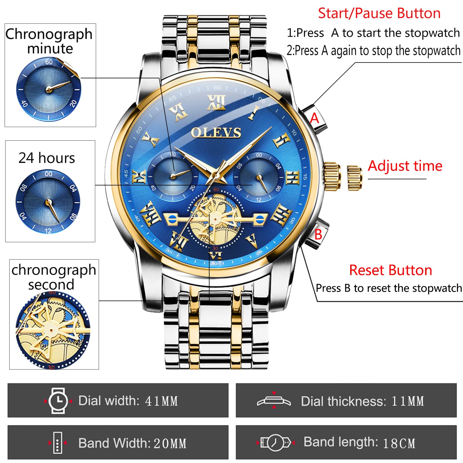 OLEVS Men's Stainless Steel Multifunction Watch - Waterproof Luminous Chronograph with Date Display, Classic Casual Dress Wristwatch for Business, Outdoor & Daily Wear