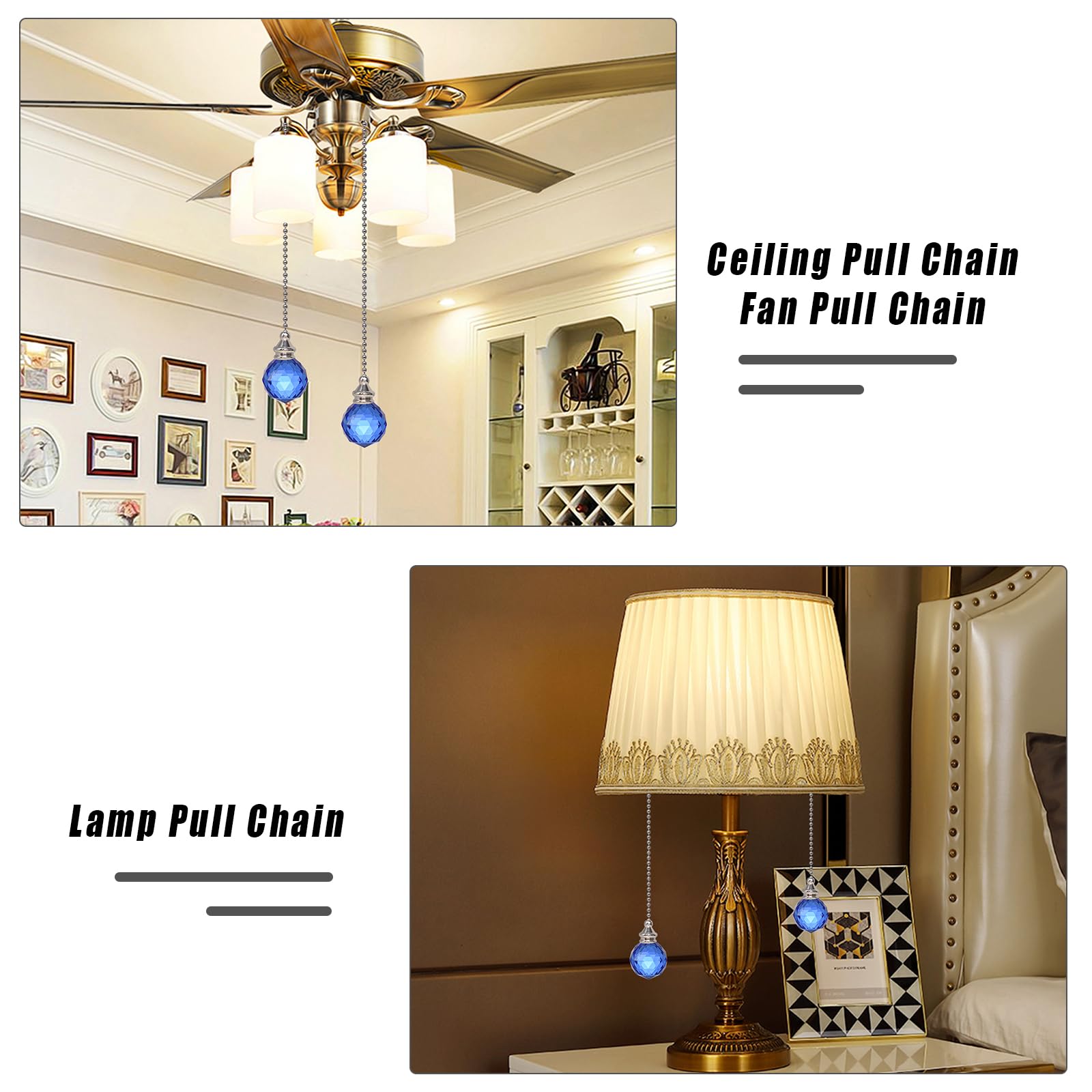 2PCS Blue Crystal Fan Pull Chain - 30mm Extension with Connector for Ceiling Light & Fan - Elegant Prism Ball Design for Home, Bedroom, Living Room Decor