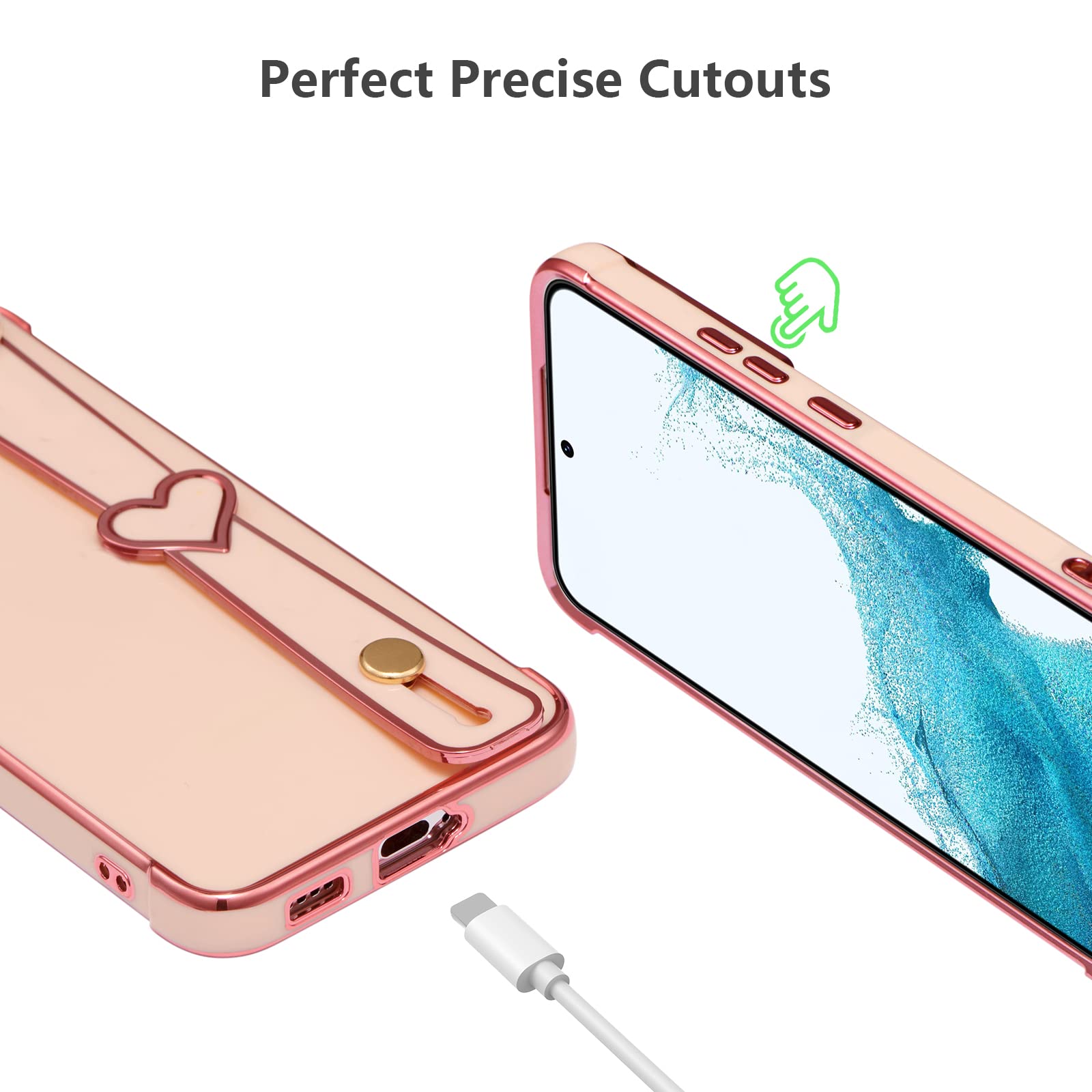 Samsung Galaxy S21 FE 5G Case with Wrist Strap & Kickstand - Slim Glossy Shockproof TPU Cover with Luxury Electroplated Design (Pink) - Perfect for Daily Use, Work, and Travel Protection