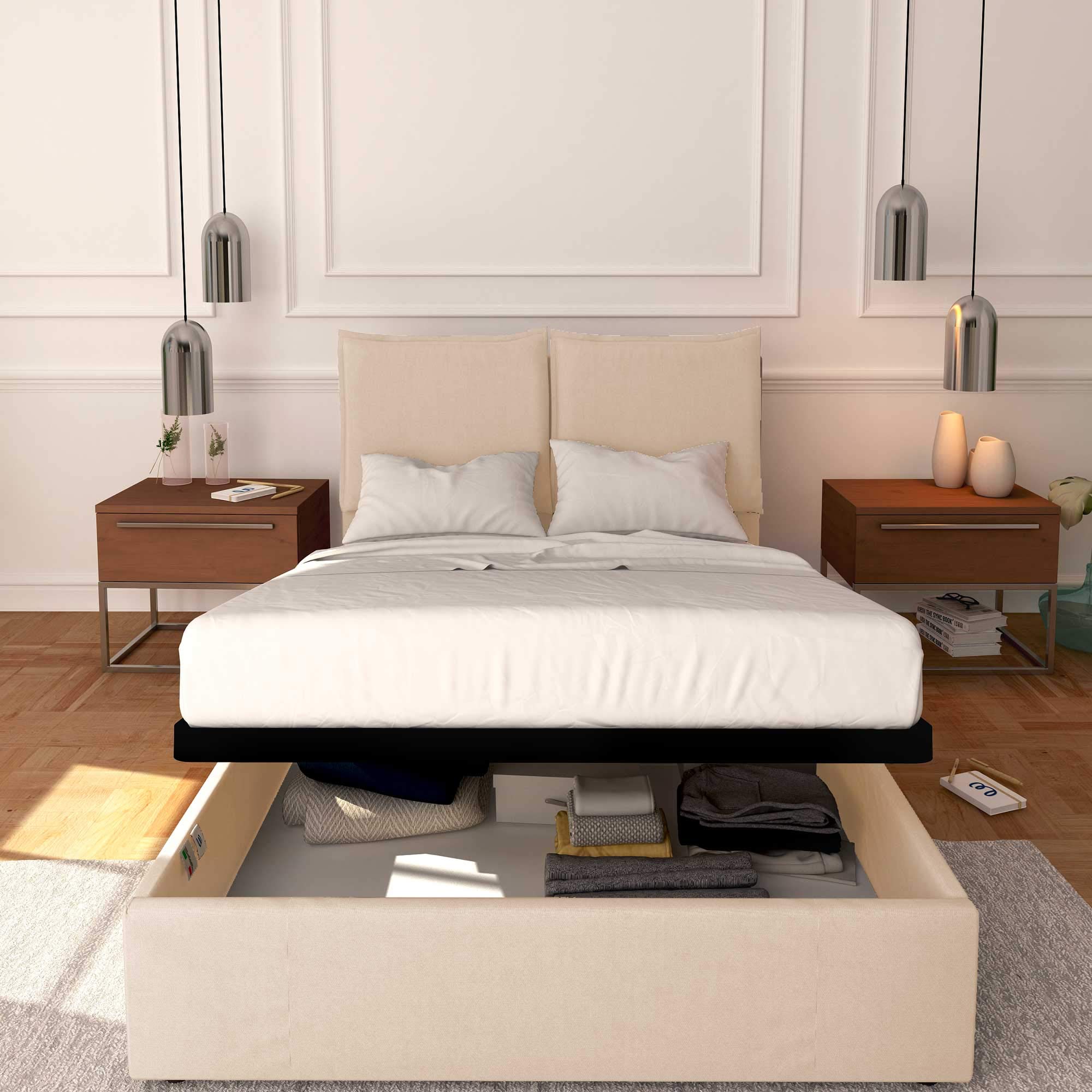 Baldiflex Queen Size Bed with Storage - Licia Model, Synthetic Leather Upholstery, Slatted Base for Queen Mattress, 140 x 190 cm, Padded Headboard, White - Perfect for Modern Bedrooms & Small Spaces