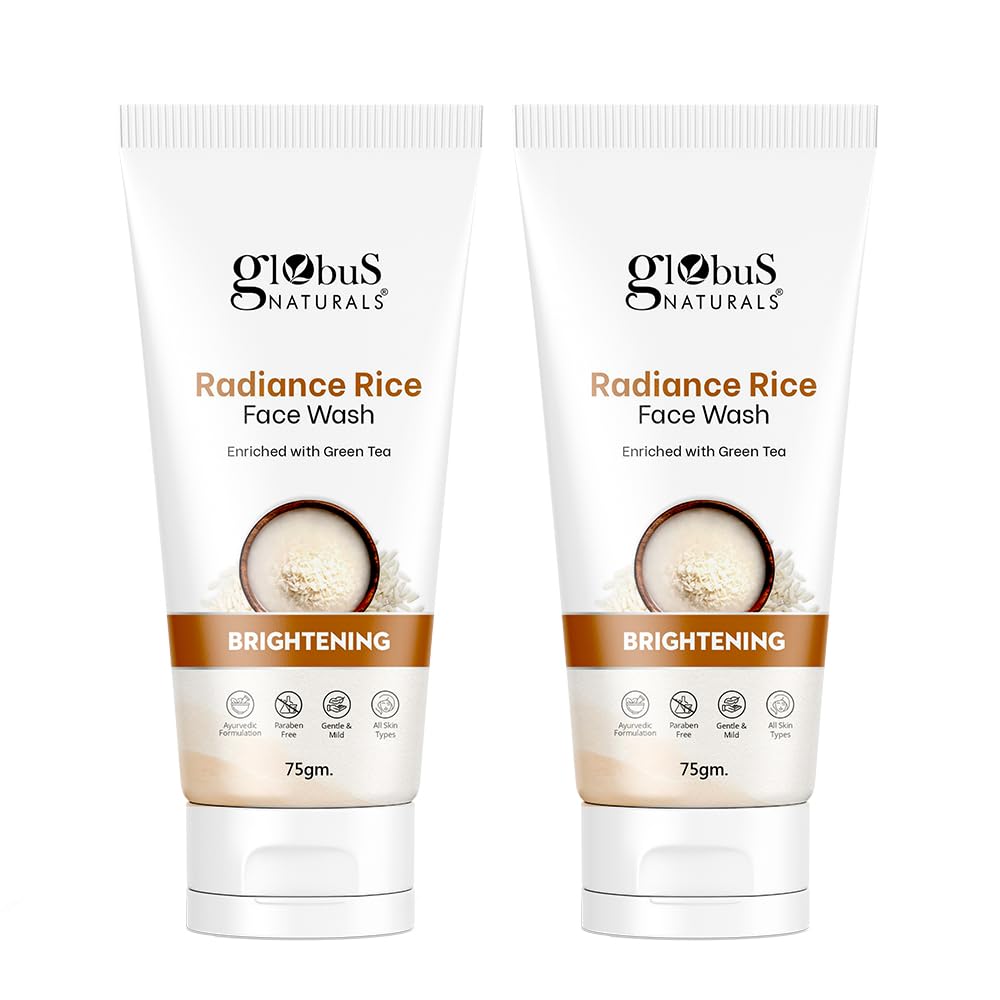Globus Naturals Radiance Rice Face Wash with Green Tea - Skin Brightening Cleanser for All Skin Types, 75g (2-Pack) | Gentle Daily Facial Cleanser for Glowing Skin - Perfect for Morning & Night Routine