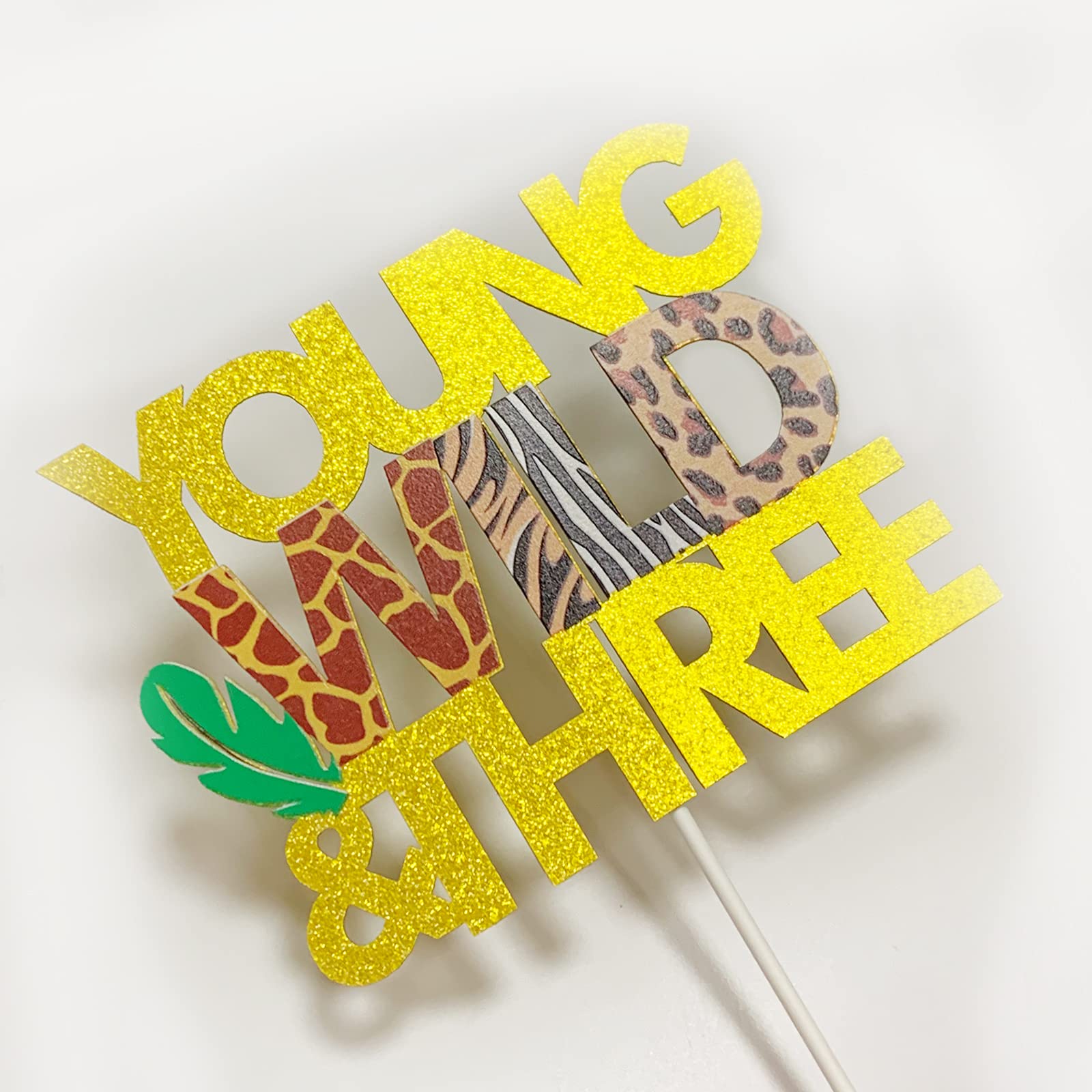 Wild Safari Jungle Animal Cake Topper - Happy 3rd Birthday Cake Decorations, Gold Glitter Baby Shower Party Supplies for Kids Birthday & Jungle Theme Celebrations
