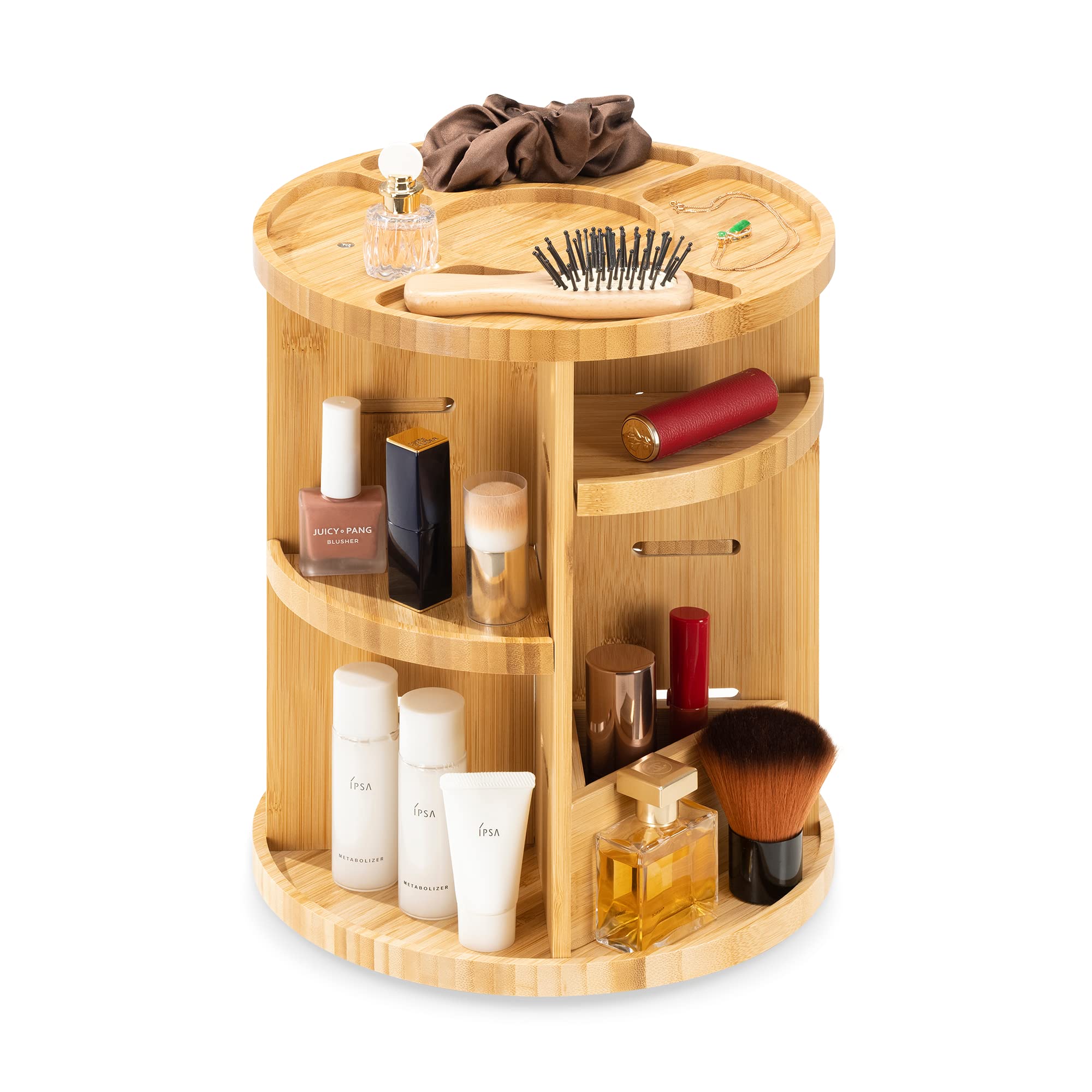 Navaris Rotating Bamboo Makeup Organizer - Adjustable 360° Spinning Cosmetic Storage Holder for Bathroom Vanity Countertop - 9.8
