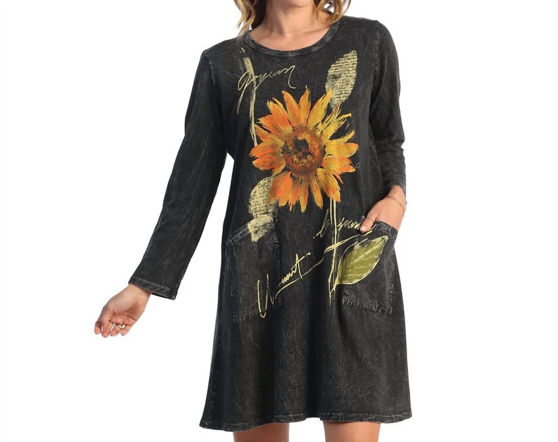 Sunflower Mineral Washed Dress with Patch Pockets - Floral Summer Dress in Sunflower & Grey | Casual Outfit for Women, Beach Wear, Date Night & Office Attire