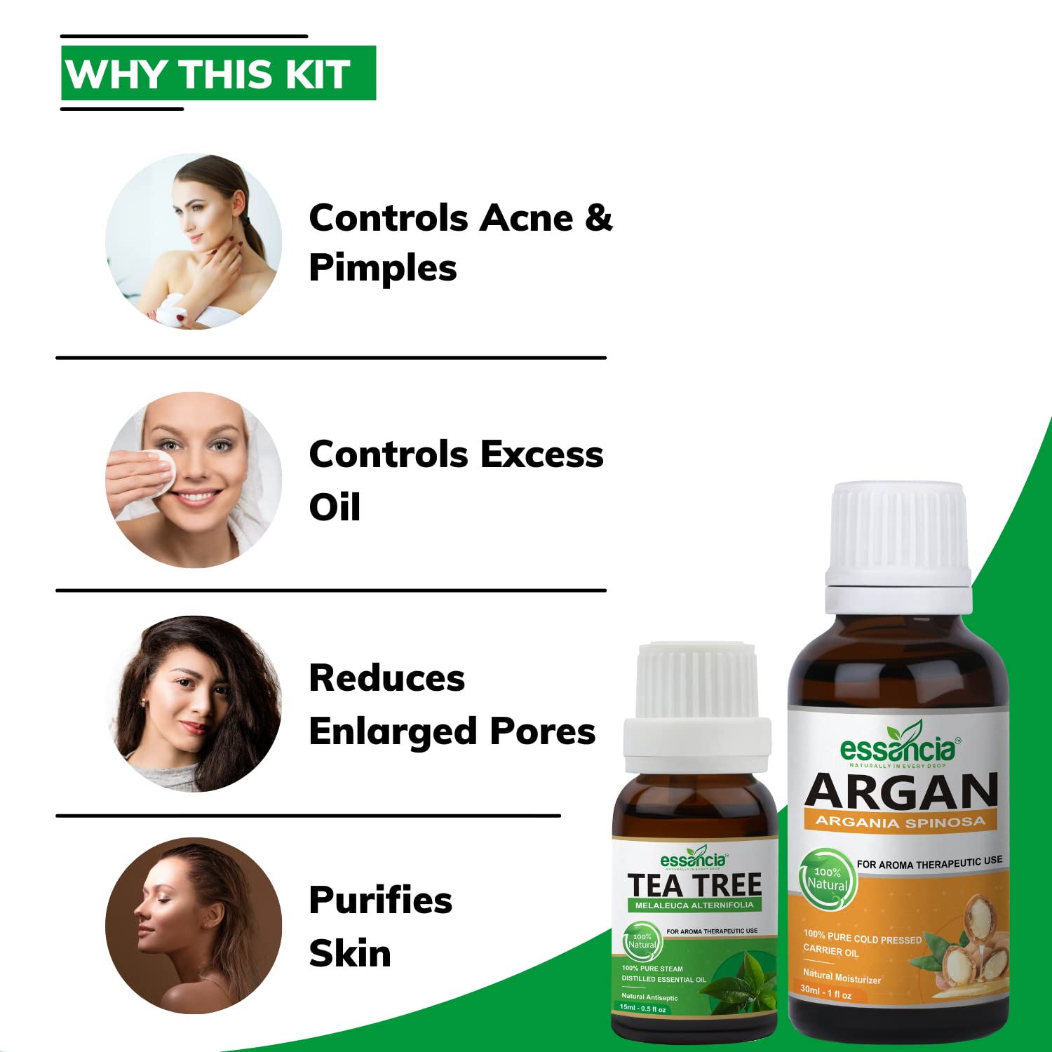 Essencia Acne & Pimples Reduction Kit with Tea Tree & Argan Oil - Natural Treatment for Acne, Oily Skin & Healthy Complexion - 100% Pure Undiluted Essential Oils Set (45ml) - Perfect for Daily Skincare Routine & Blemish Control