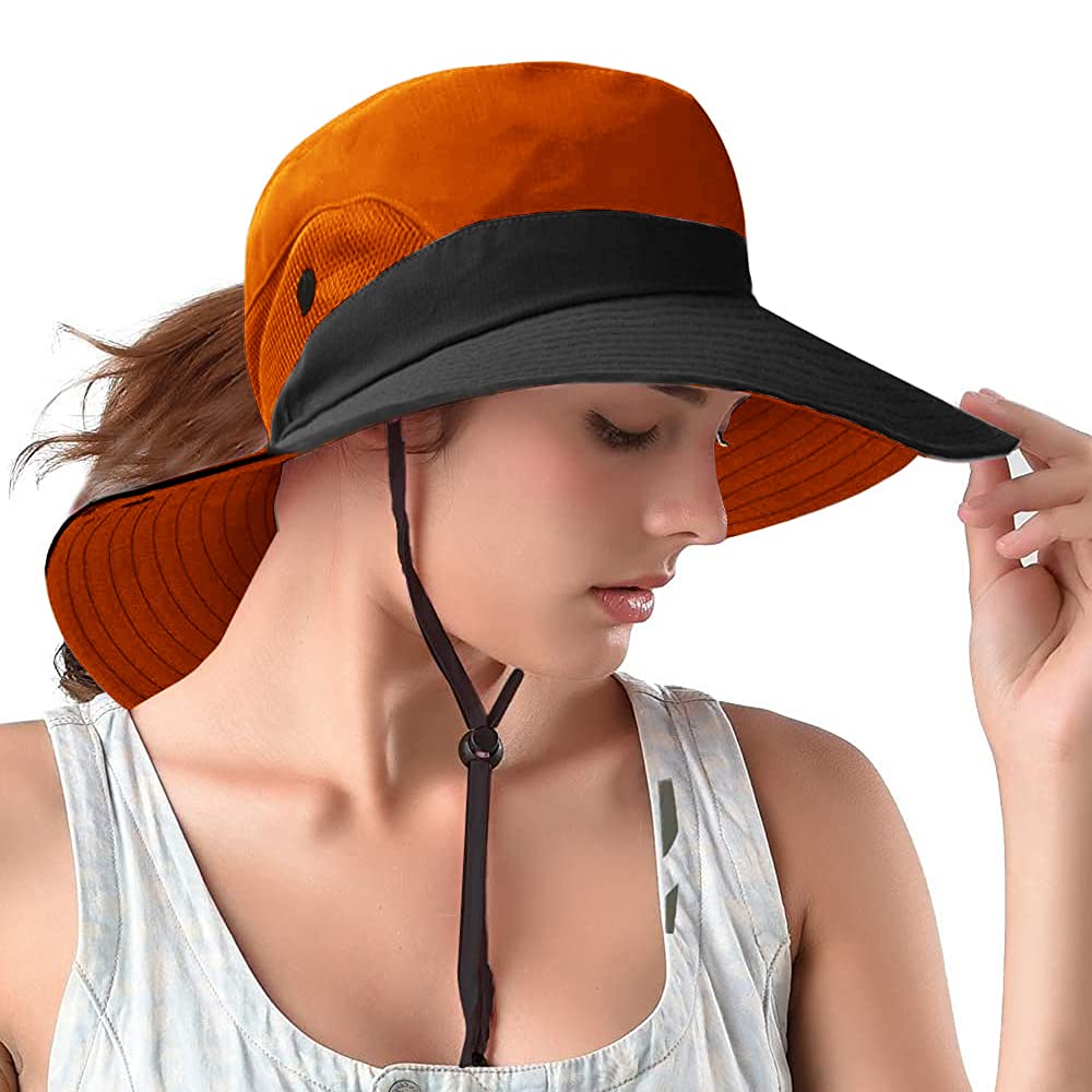 Rosoz Women's UV Protection Ponytail Sun Bucket Hat - Foldable Wide Brim Mesh Summer Hat for Hiking, Beach, Fishing & Safari - Perfect for Outdoor Activities & Travel
