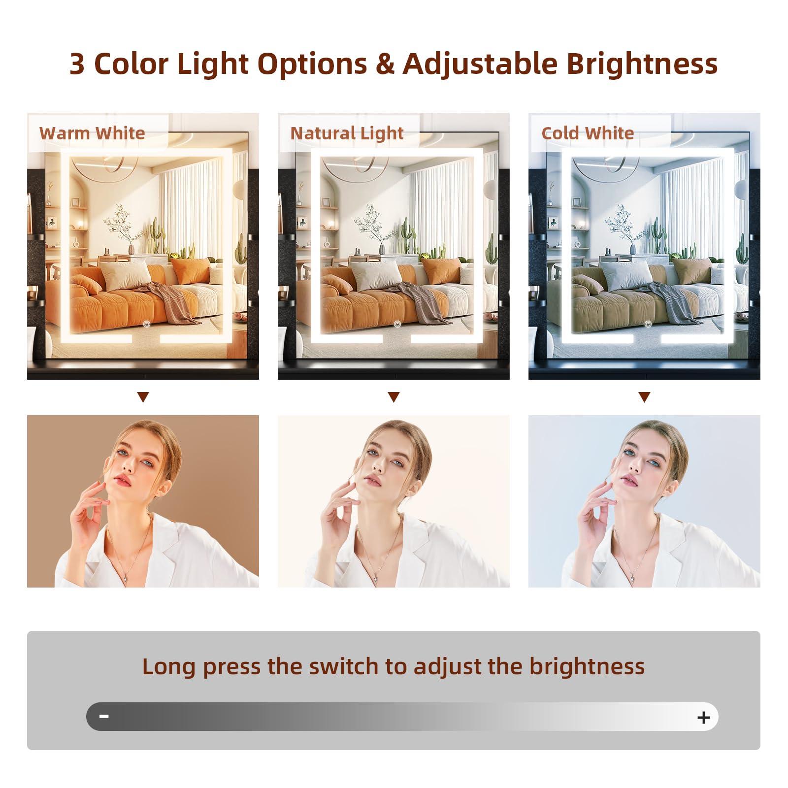 SMOOL Vanity with LED Lighted Mirror - Makeup Vanity Desk with 3 Color Lighting Modes & Adjustable Brightness, Vanity Table with Storage Shelves, Drawers & Stool - Perfect for Bedroom, Dressing Room & Beauty Salon