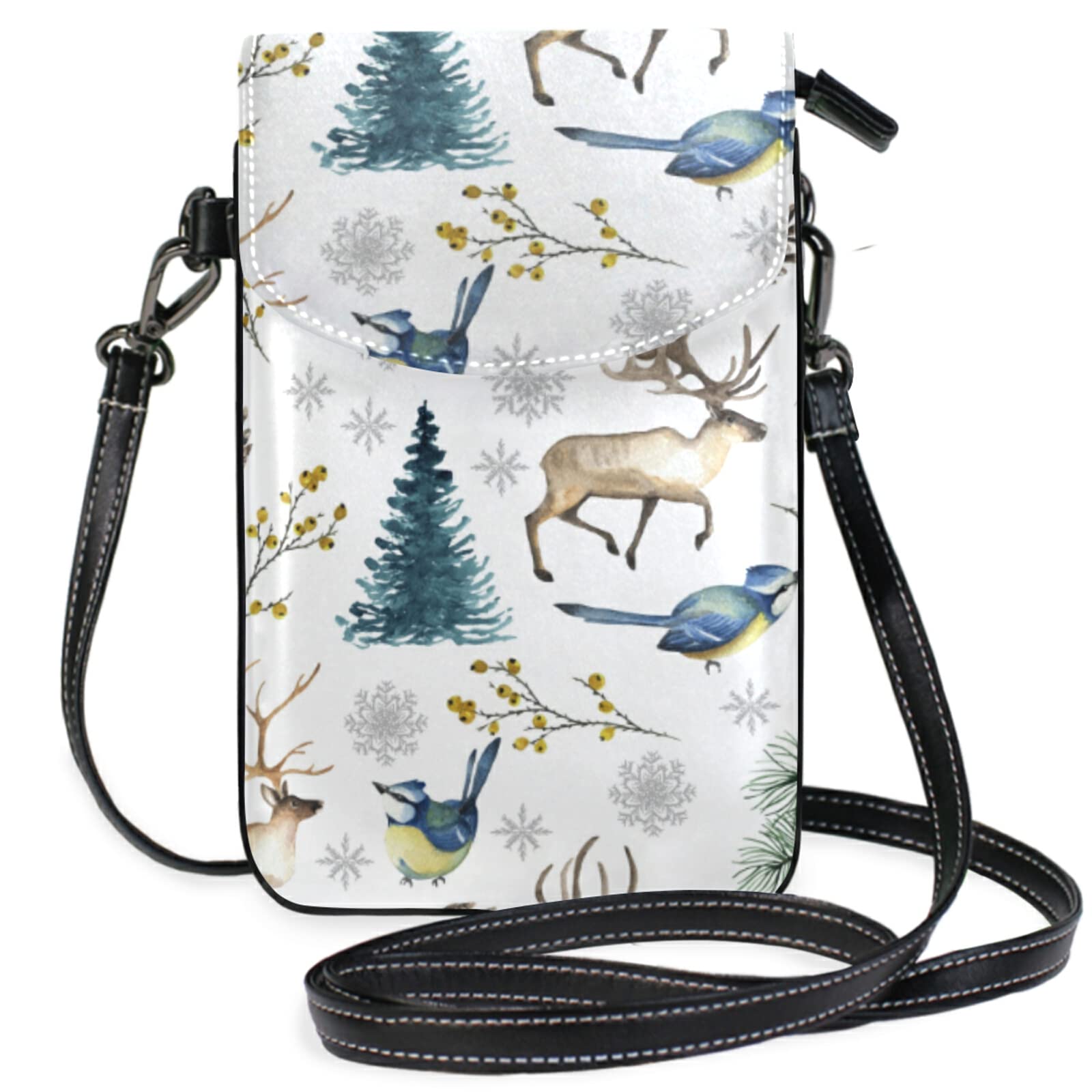Lightweight Leather Crossbody Phone Purse for Women - Mini Shoulder Bag with Adjustable Strap, Reindeer Tree Bird Design | Perfect for Travel, Shopping & Everyday Use