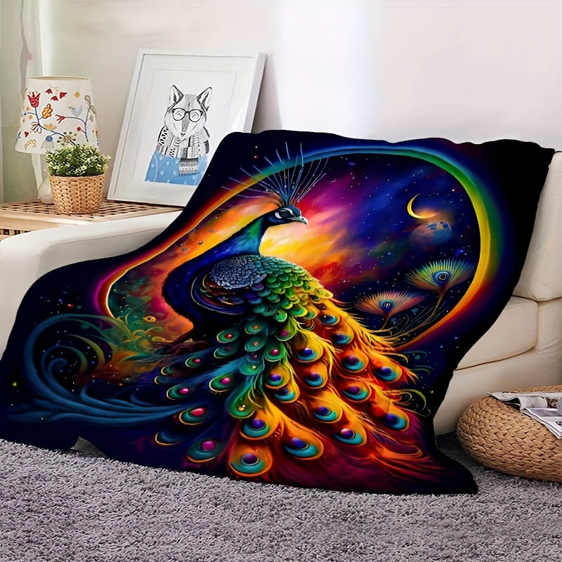 1pc Vibrant Peacock Print Flannel Blanket - Ultra Soft & Warm Cozy Throw for Couch, Sofa, Office, Bed, Camping, Travel | All-Season Multi-Purpose Gift | Perfect for Home Decor, Movie Nights & Outdoor Adventures