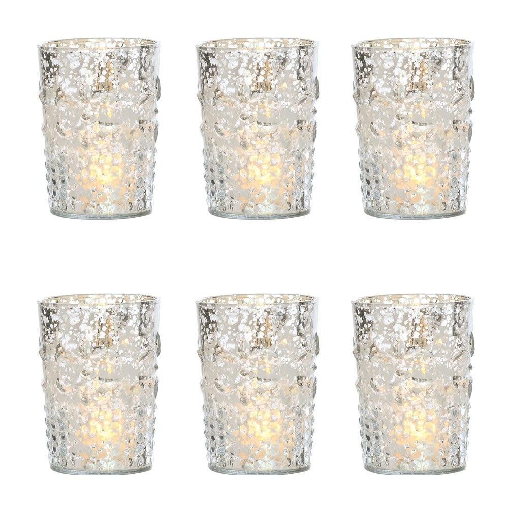 6 Pack Vintage Mercury Glass Candle Holders - 4 Inch Fleur Design with Flower Motif in Silver | Elegant Home Decor, Wedding Centerpieces & Party Decorations | Perfect for Table Settings, Romantic Dinners and Special Occasions