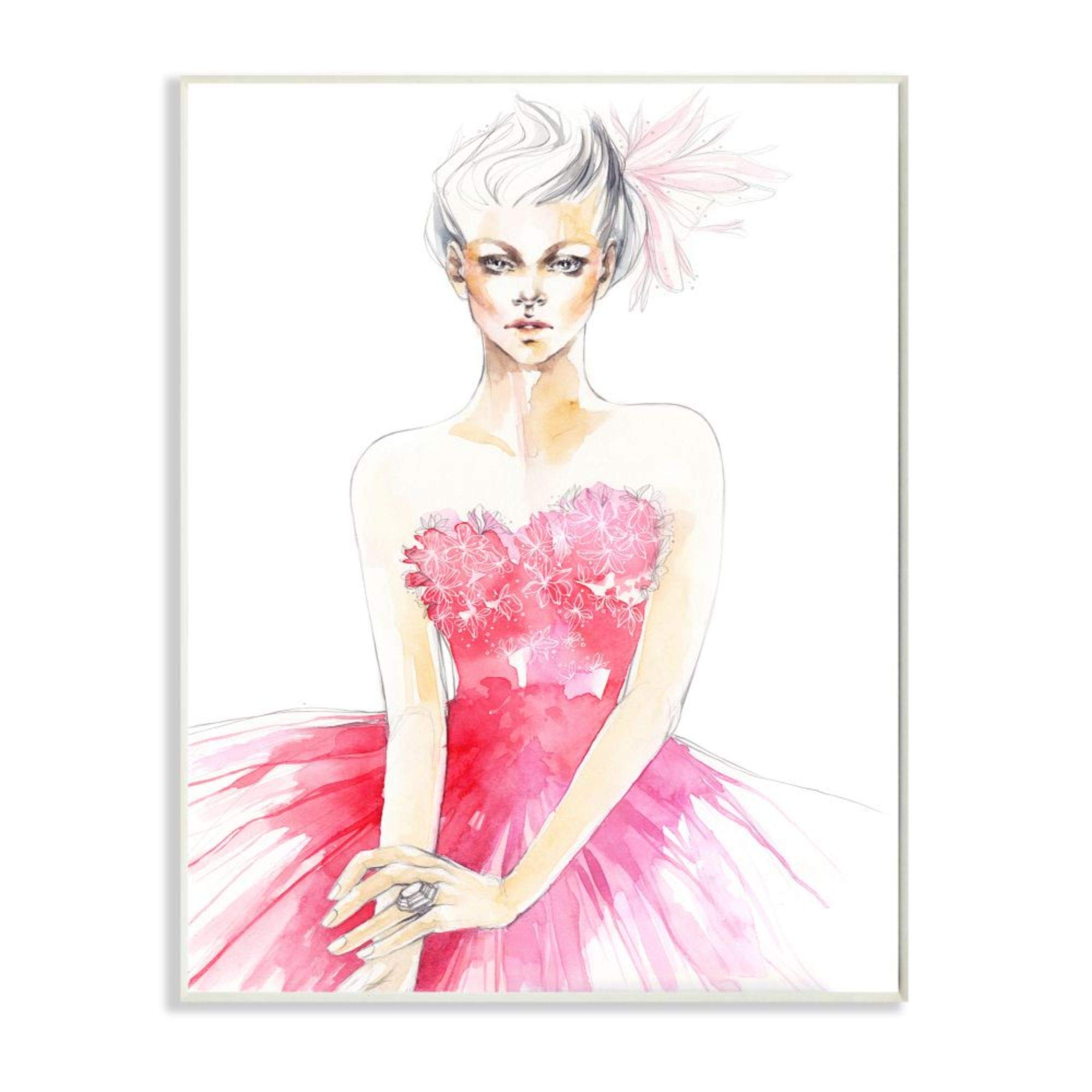 Stupell Industries Pink Watercolor Dress Wood Wall Art - Fashion Female Pose by Elisaveta Stoilova - 10x15 Inches - Elegant Home Decor for Living Room, Bedroom & Office